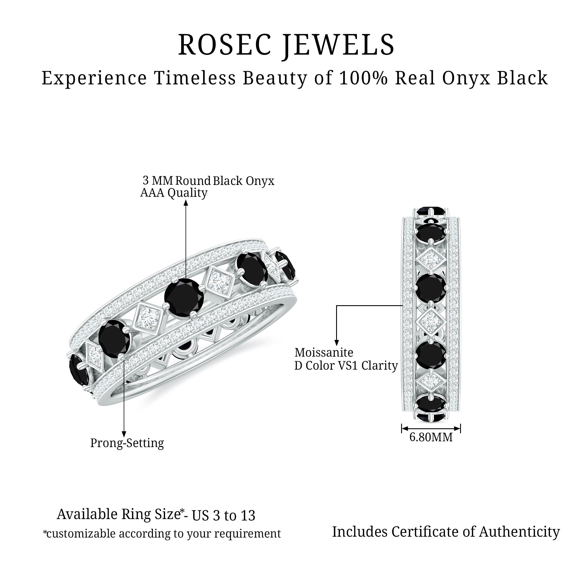 Antique Looking Black Onyx and Moissanite Wide Wedding Band AAA - Rosec Jewels