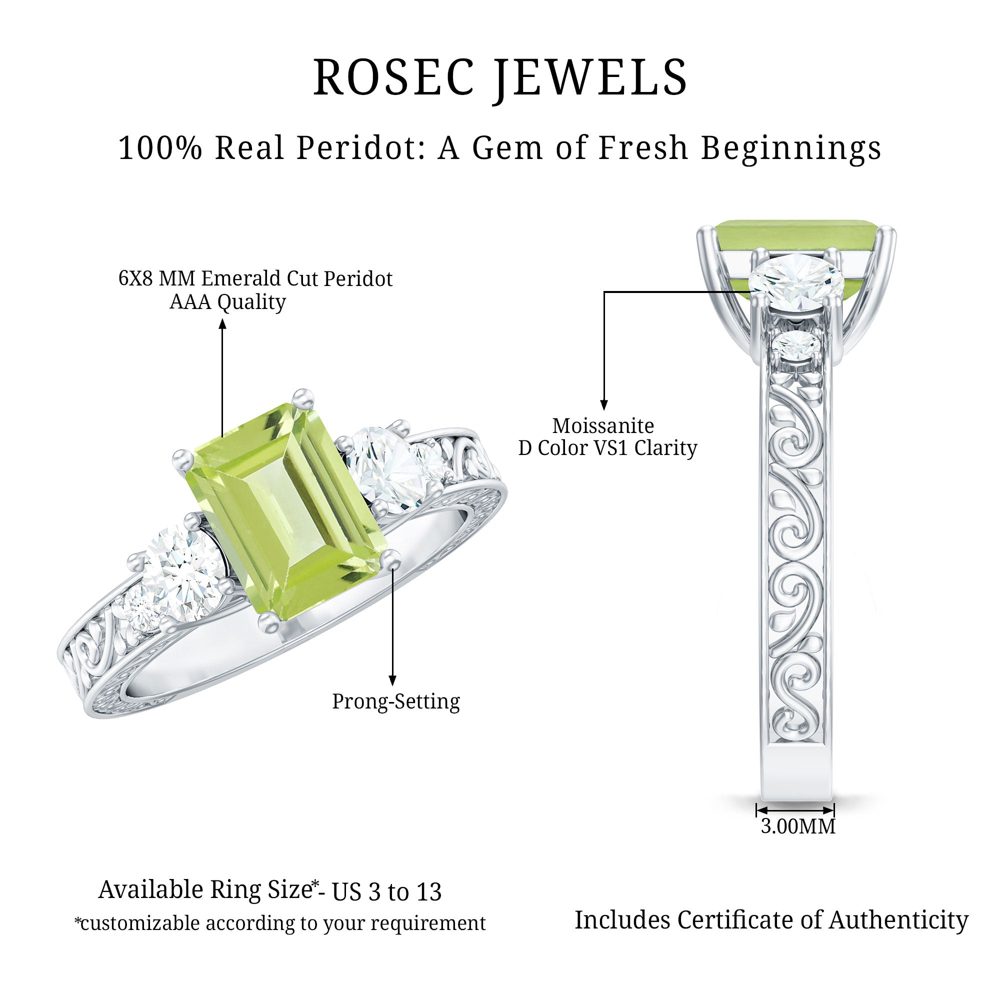 Vintage Style 1.8 Carat Peridot Emerald Cut Engagement Ring with Moissanite AAA - Rosec Jewels