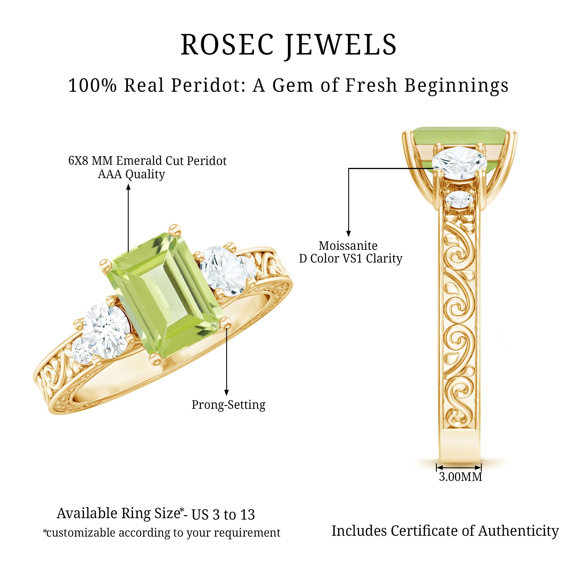 Vintage Style 1.8 Carat Peridot Emerald Cut Engagement Ring with Moissanite AAA - Rosec Jewels