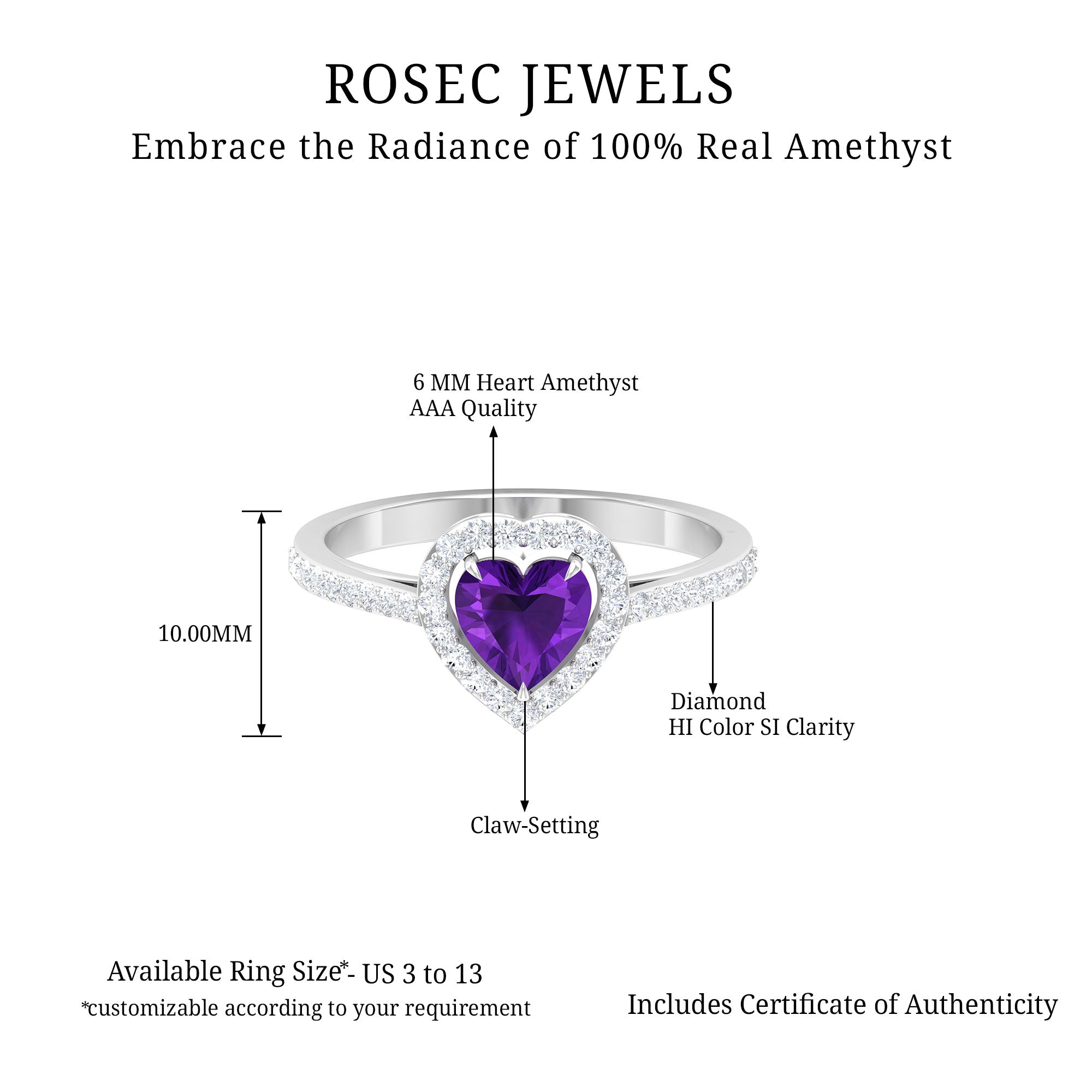 1.50 CT Heart Shape Amethyst Engagement Ring with Diamond Accent Amethyst - ( AAA ) - Quality - Rosec Jewels