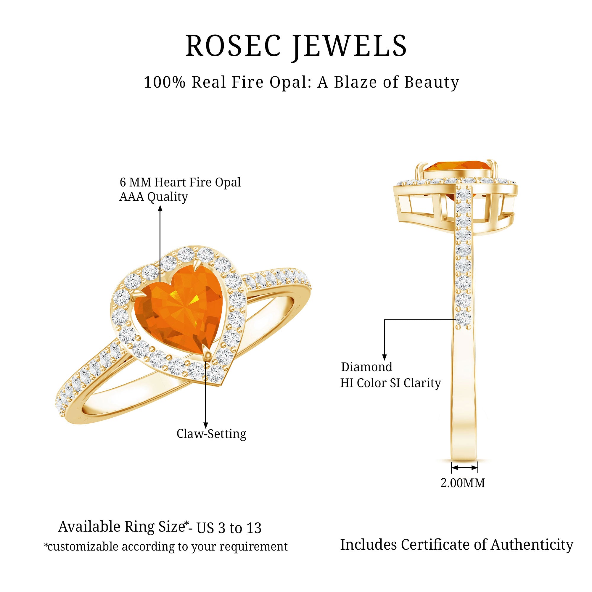 1 Carat Heart Shape Fire Opal Engagement Ring with Diamond Halo AAA - Rosec Jewels