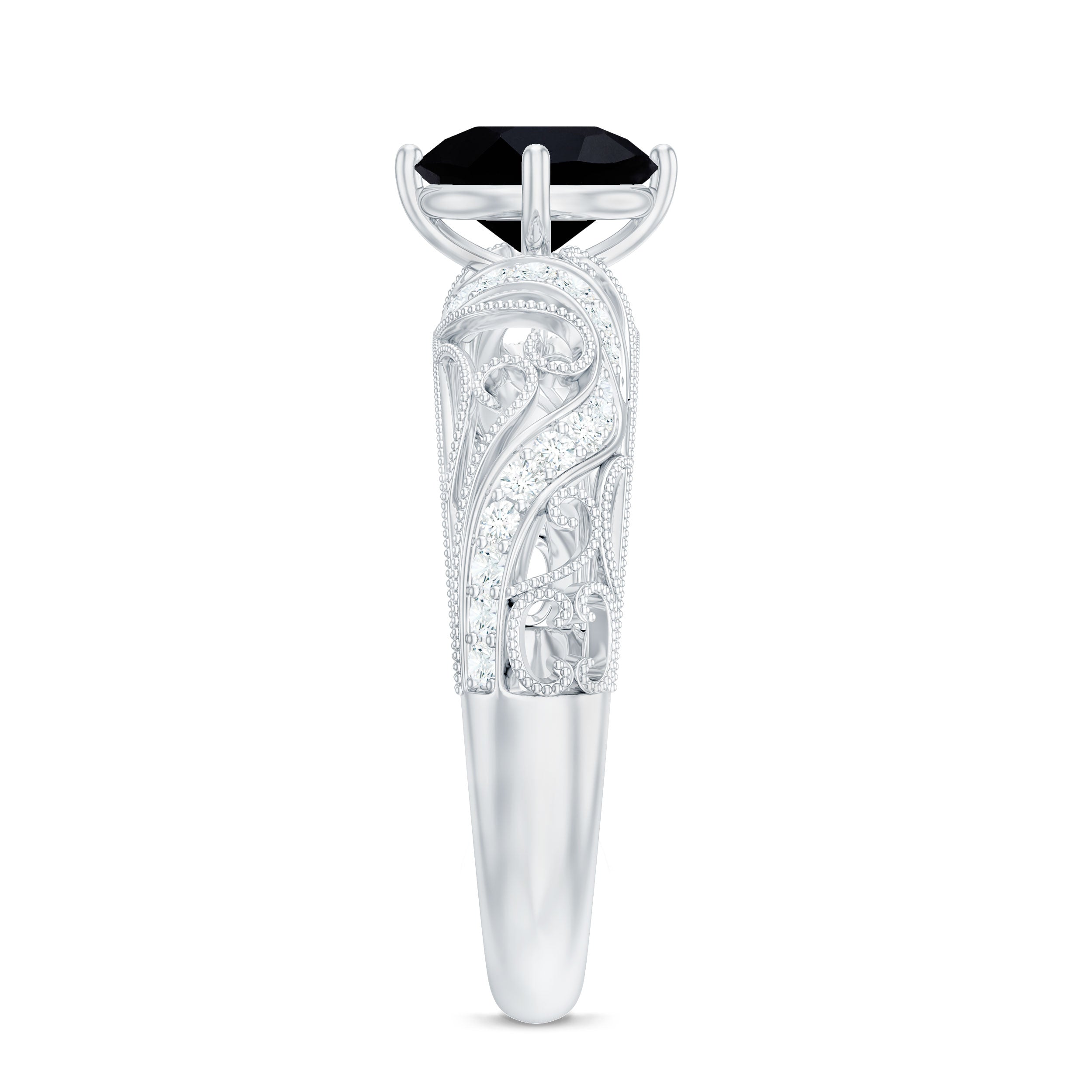 Round Created Black Diamond Vintage Inspired Engagement Ring with Diamond AAAA ( Synthetic ) - Rosec Jewels