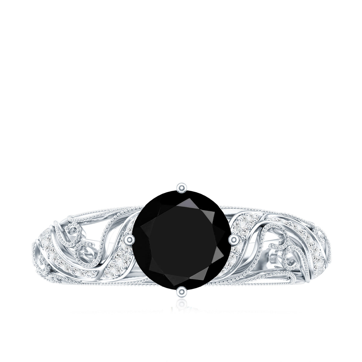 Round Created Black Diamond Vintage Inspired Engagement Ring with Diamond AAAA ( Synthetic ) - Rosec Jewels