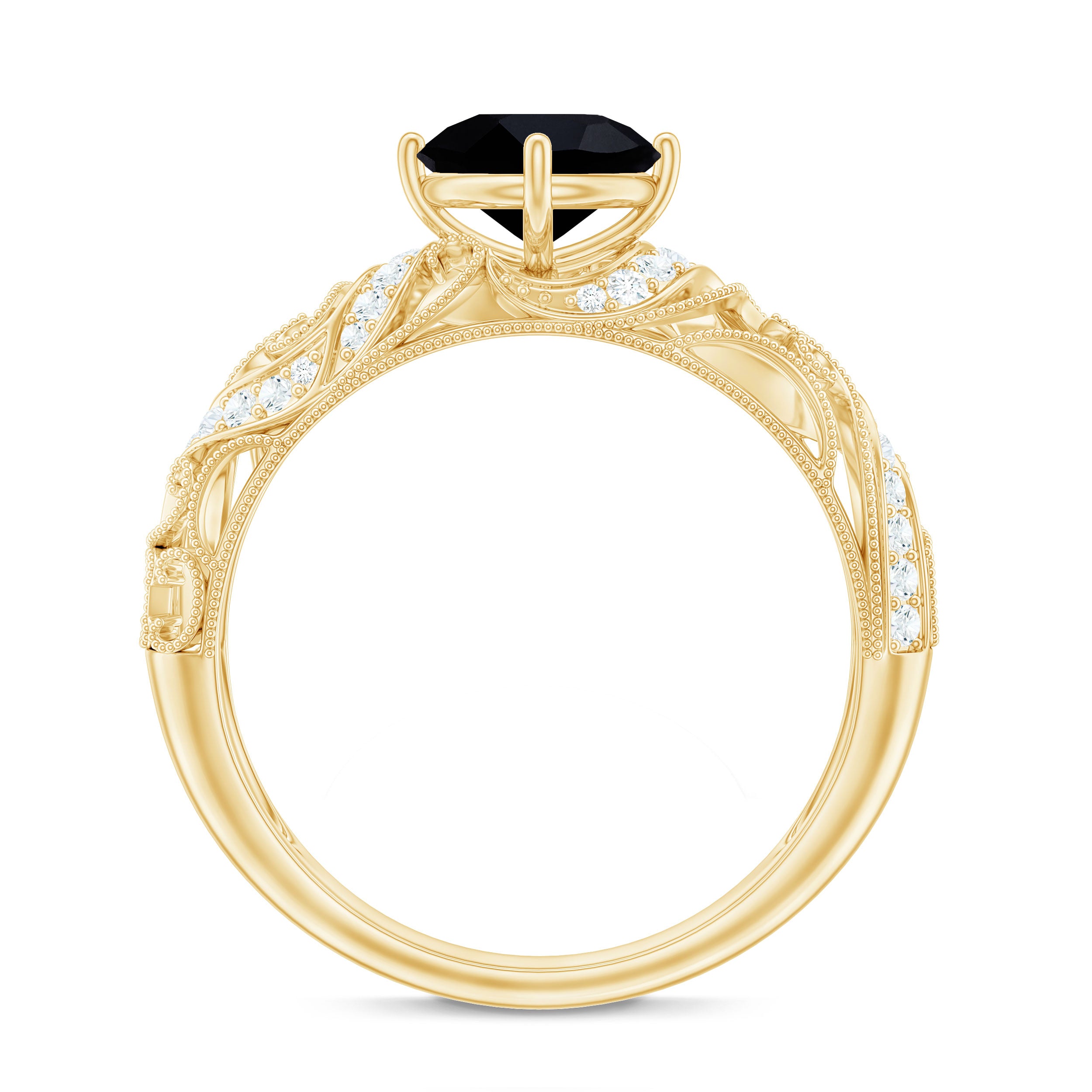 Round Created Black Diamond Vintage Inspired Engagement Ring with Diamond AAAA ( Synthetic ) - Rosec Jewels