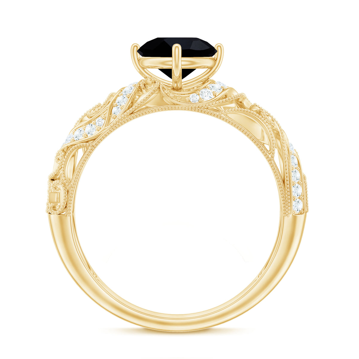 Round Created Black Diamond Vintage Inspired Engagement Ring with Diamond AAAA ( Synthetic ) - Rosec Jewels
