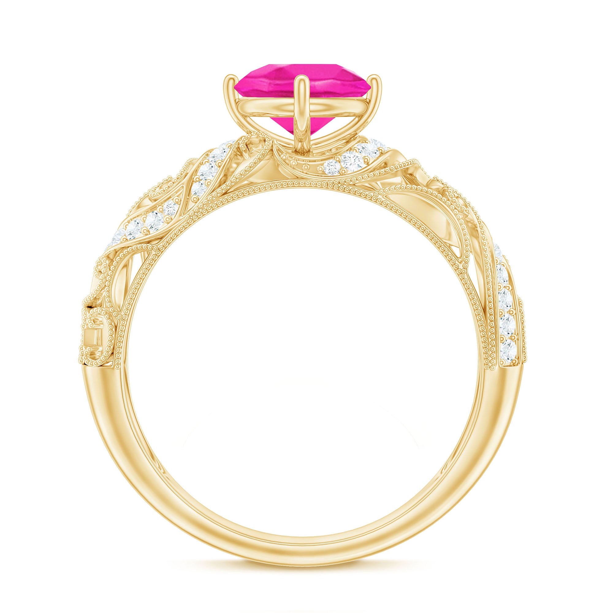 Rosec Jewels-Lab Grown Pink Sapphire Antique Engagement Ring With Diamond
