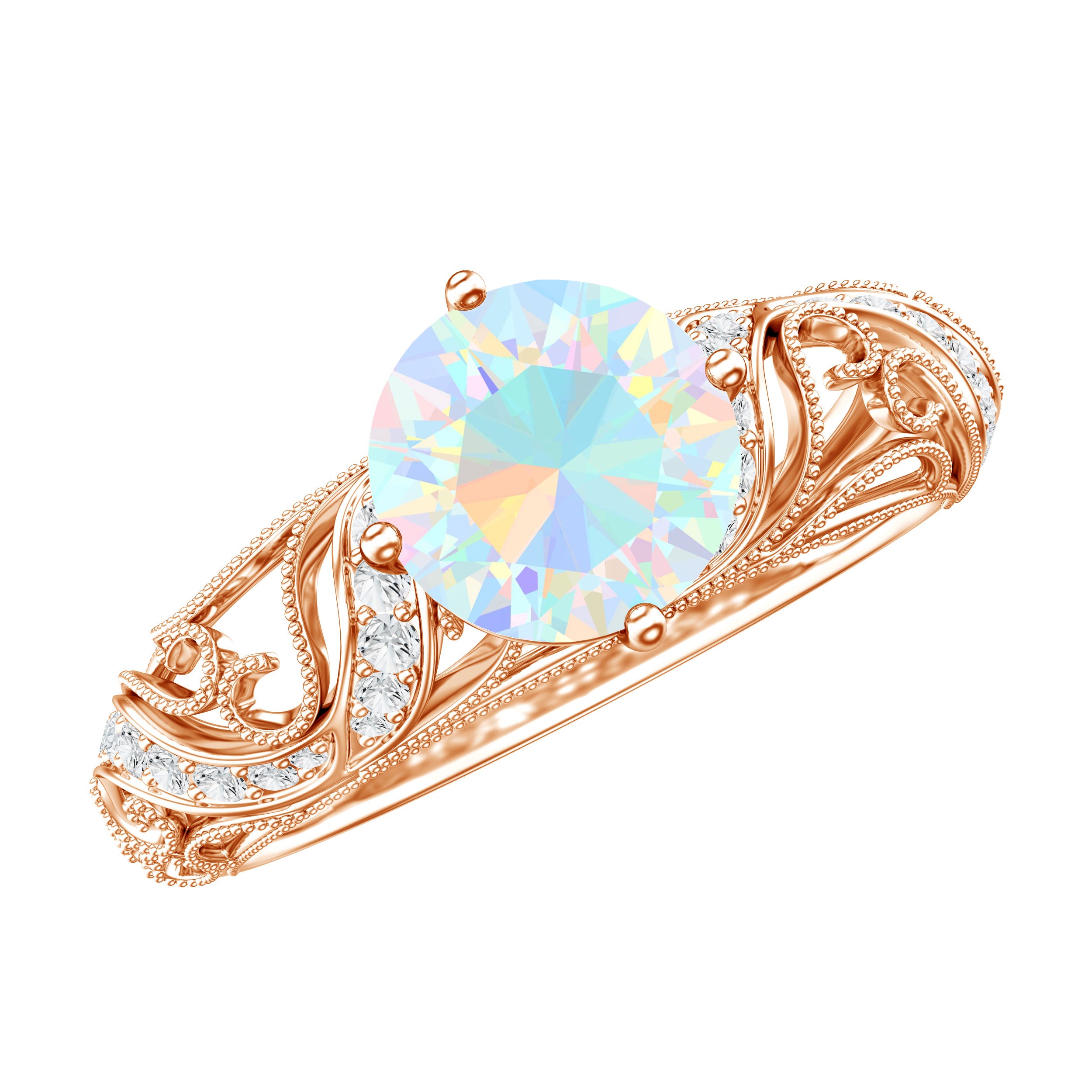 Genuine Ethiopian Rainbow Opal Vintage Inspired Engagement Ring with Diamond AAA - Rosec Jewels