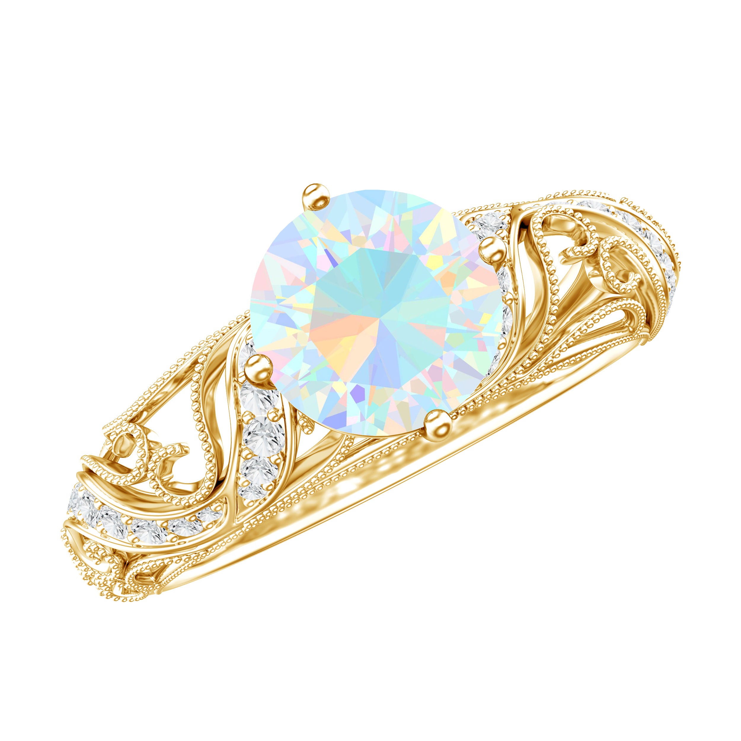 Genuine Ethiopian Rainbow Opal Vintage Inspired Engagement Ring with Diamond AAA - Rosec Jewels