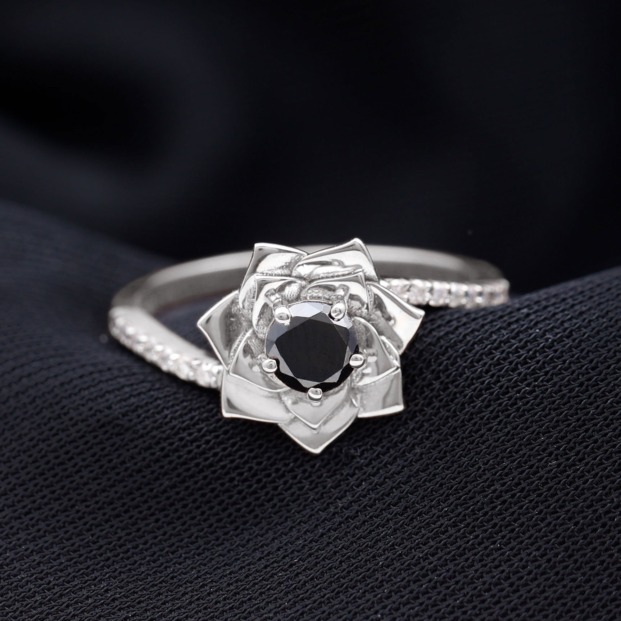 Black Onyx and Diamond Flower Engagement Ring with Bypass Shank Black Onyx - ( AAA ) - Quality - Rosec Jewels