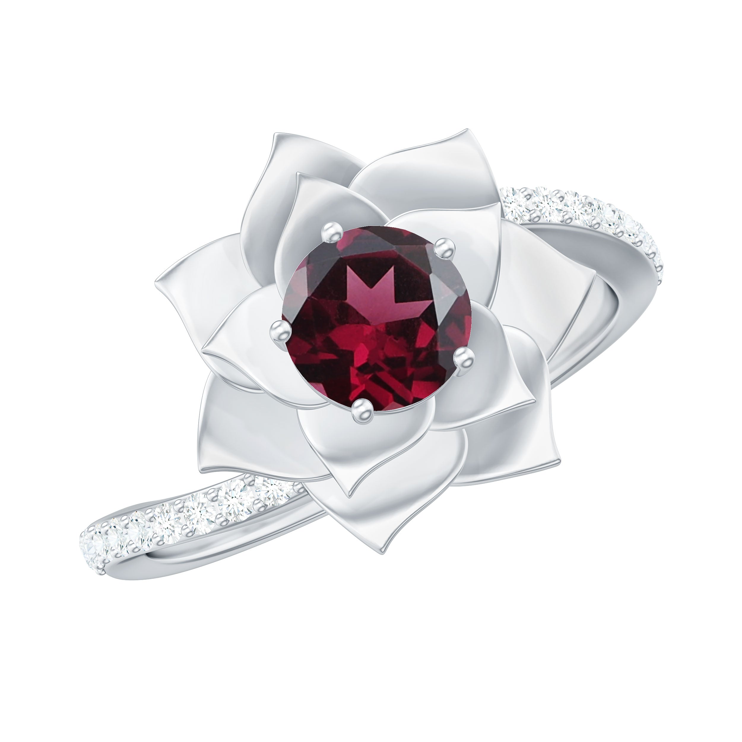 Real Rhodolite and Diamond Flower Ring with Bypass Shank