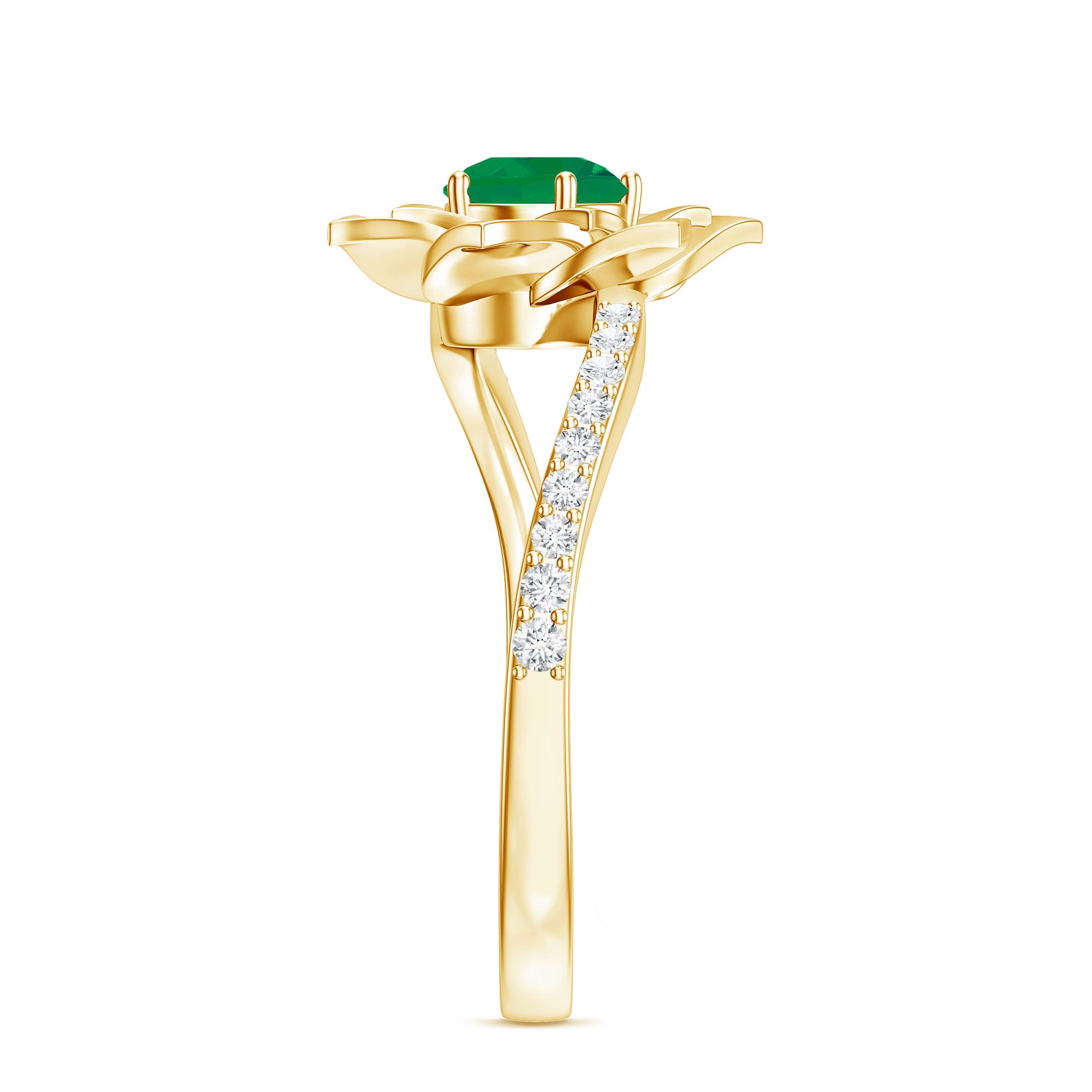 Certified Real Emerald Flower Engagement Ring with Diamond Bypass Shank AAA - Rosec Jewels