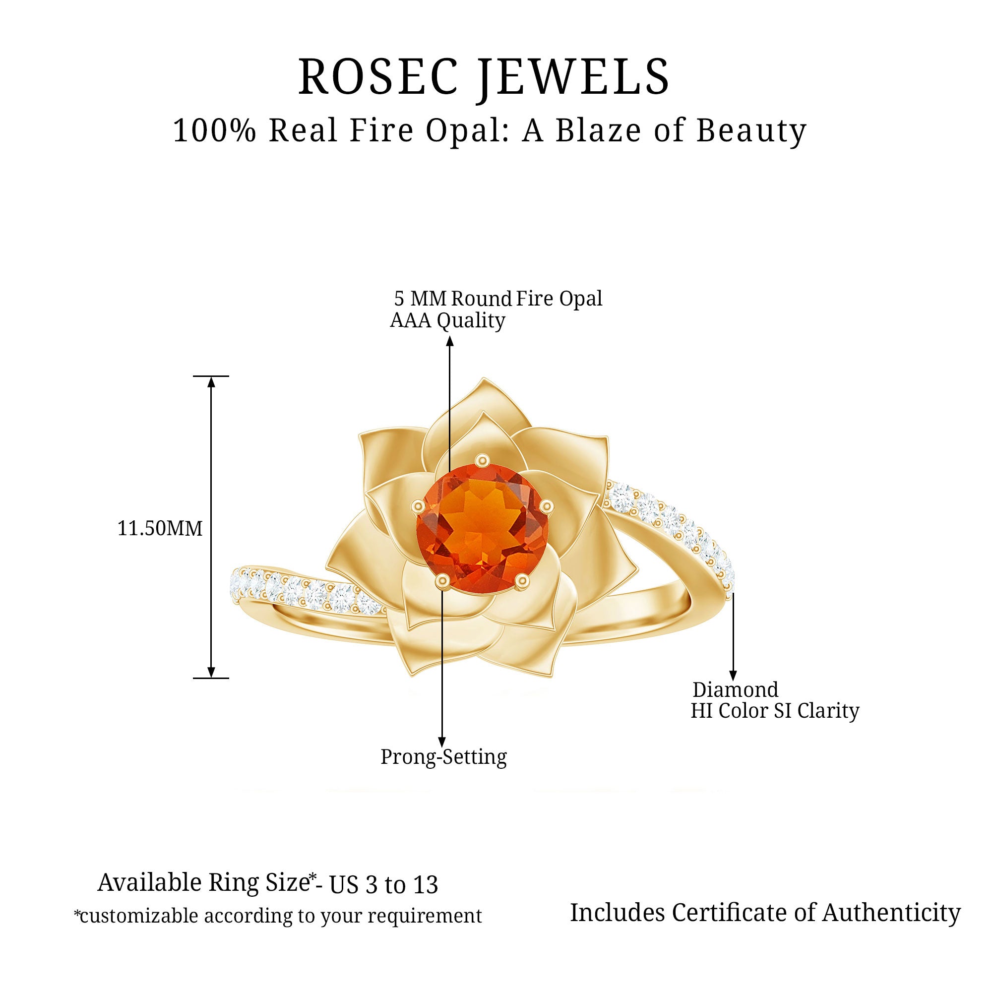 Rosec Jewels-Flower Inspired Fire Opal Engagement Ring with Diamond