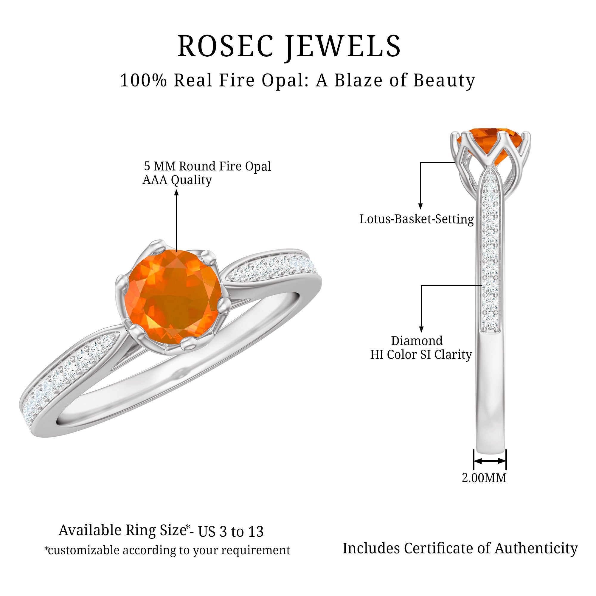 Rosec Jewels-Genuine Fire Opal Solitaire Engagement Ring with Diamond