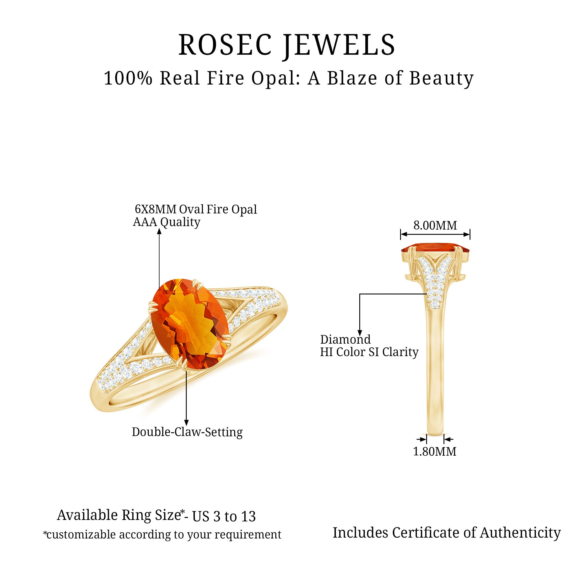 1 Carat Oval Fire Opal Engagement Ring with Diamond Split Shank AAA - Rosec Jewels