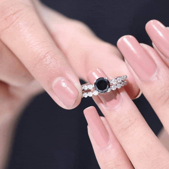 Round Cut Black Onyx and Diamond Stacking Wedding Ring Set AAA - Rosec Jewels