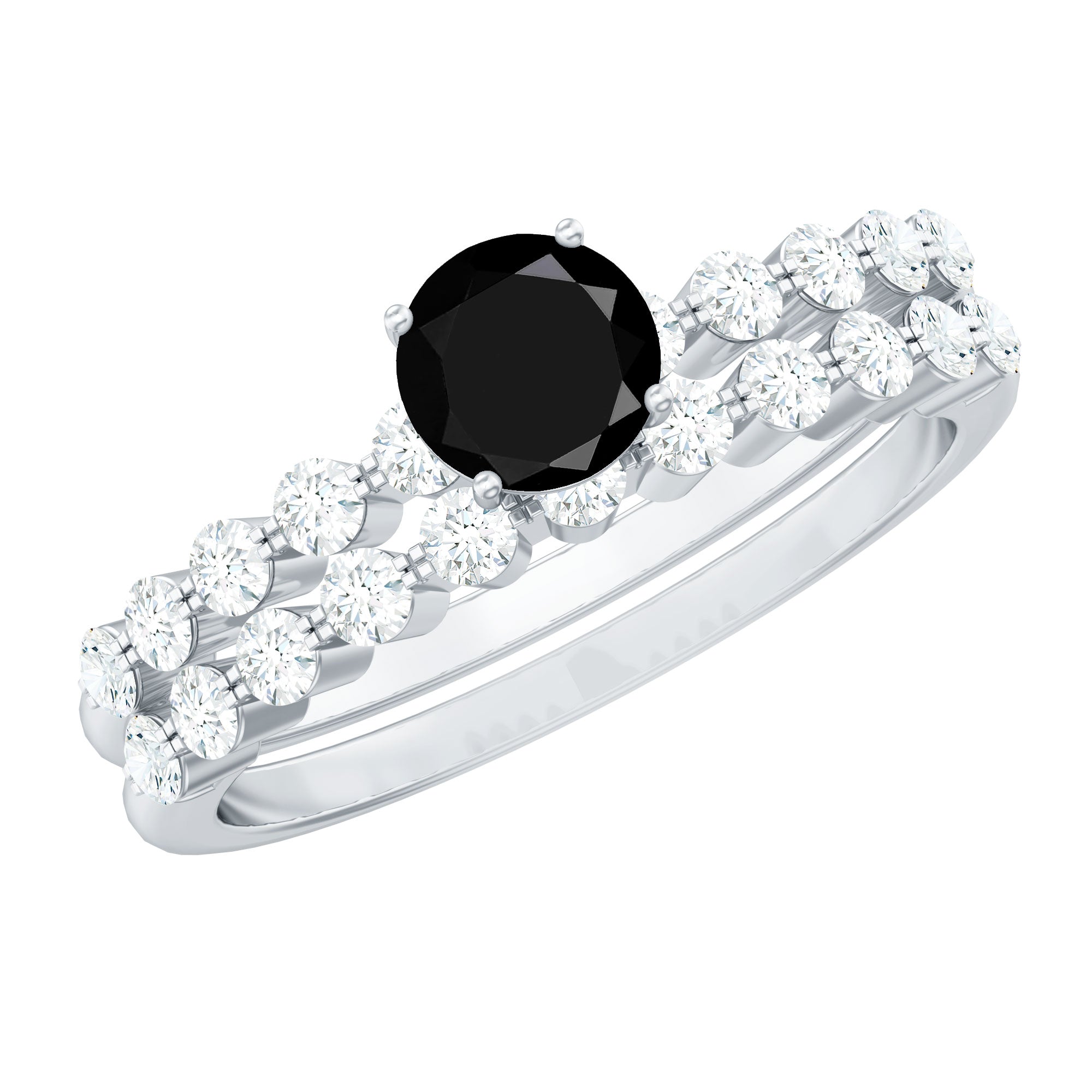 Round Cut Black Onyx and Diamond Stacking Wedding Ring Set AAA - Rosec Jewels