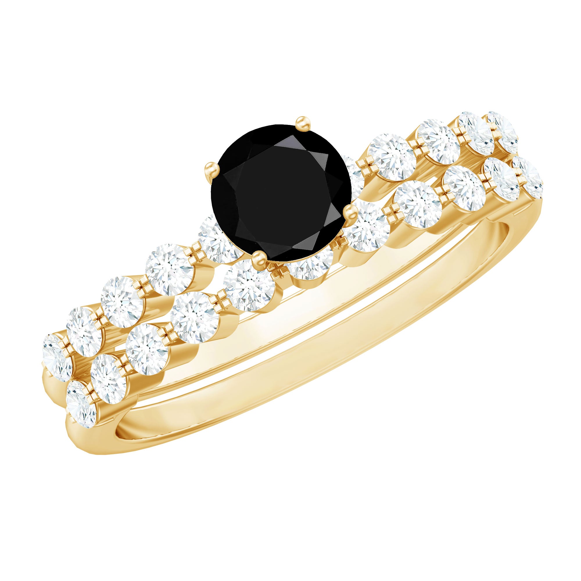 Round Cut Black Onyx and Diamond Stacking Wedding Ring Set AAA - Rosec Jewels