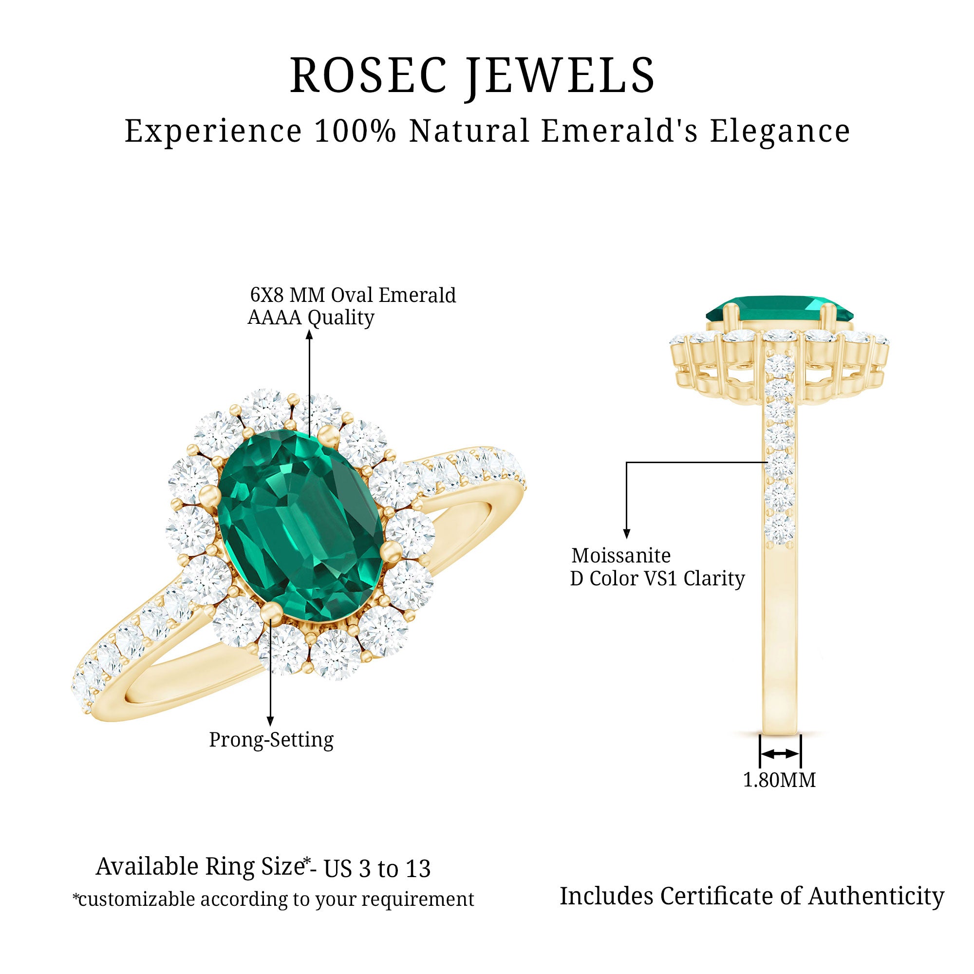 Certified 6X8 mm Oval Lab Grown Emerald Halo Engagement Ring AAAA - Rosec Jewels