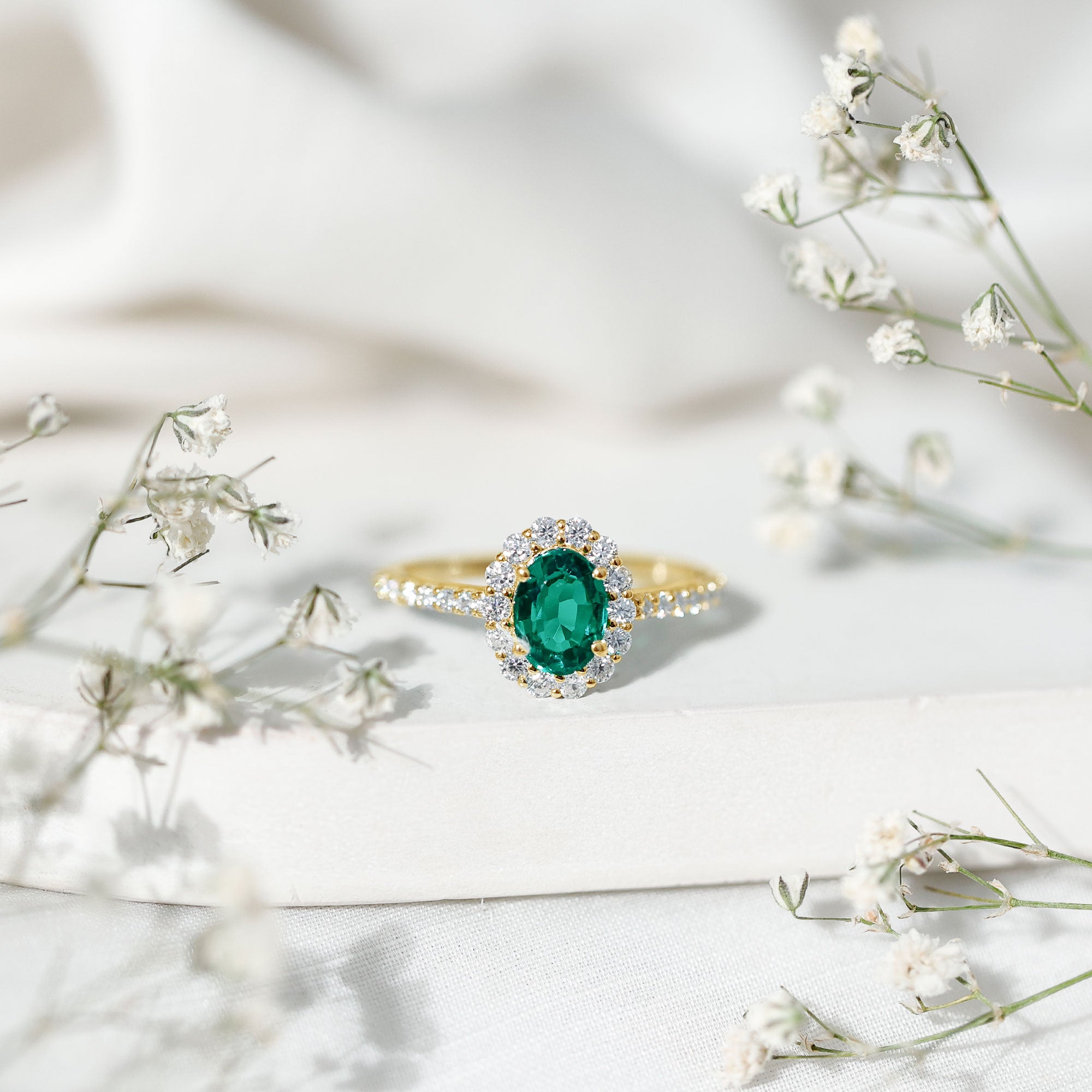 Certified 6X8 mm Oval Lab Grown Emerald Halo Engagement Ring AAAA - Rosec Jewels