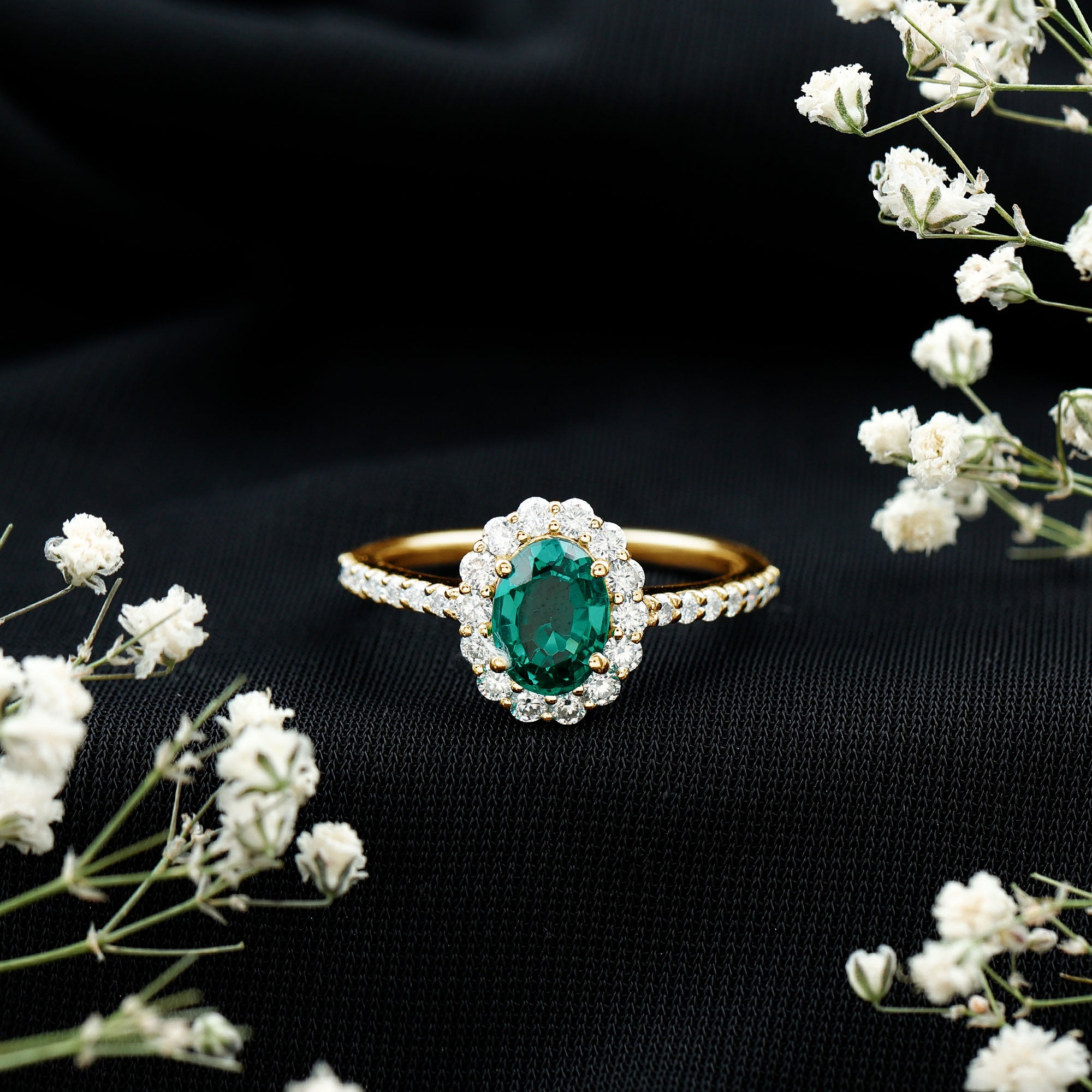 Certified 6X8 mm Oval Lab Grown Emerald Halo Engagement Ring AAAA - Rosec Jewels