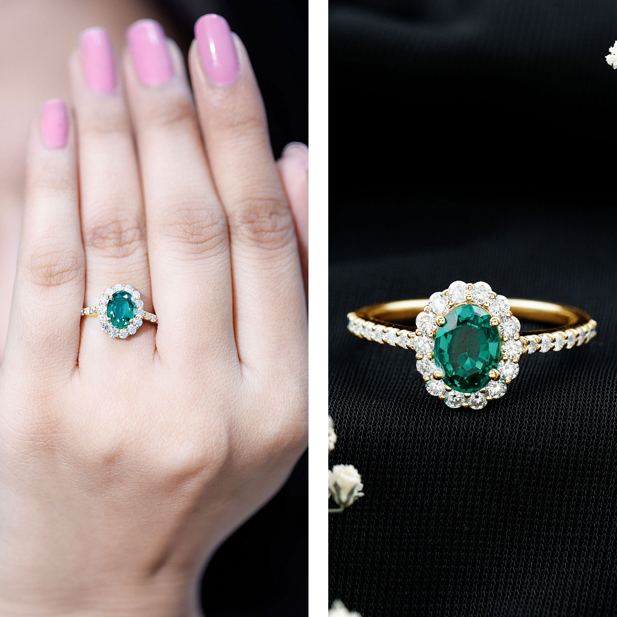 Certified 6X8 mm Oval Lab Grown Emerald Halo Engagement Ring AAAA - Rosec Jewels