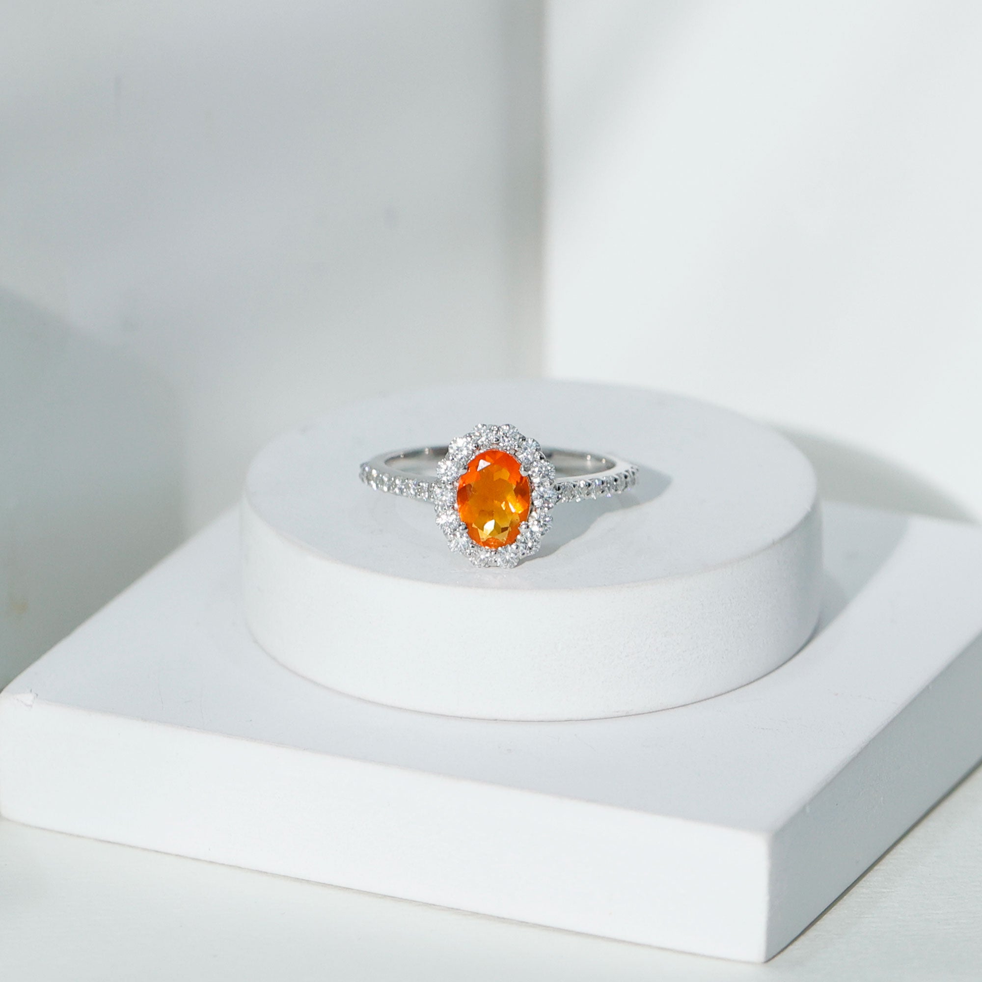Rosec Jewels-Orange Fire Opal Oval Shape Engagement Ring with Moissanite