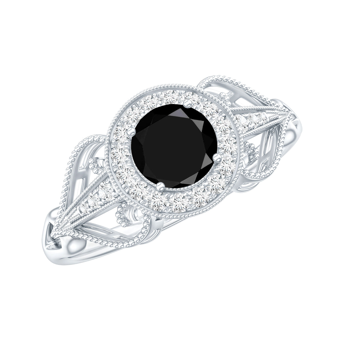 Vintage Inspired Black Spinel and Diamond Engagement Ring AAA - Rosec Jewels