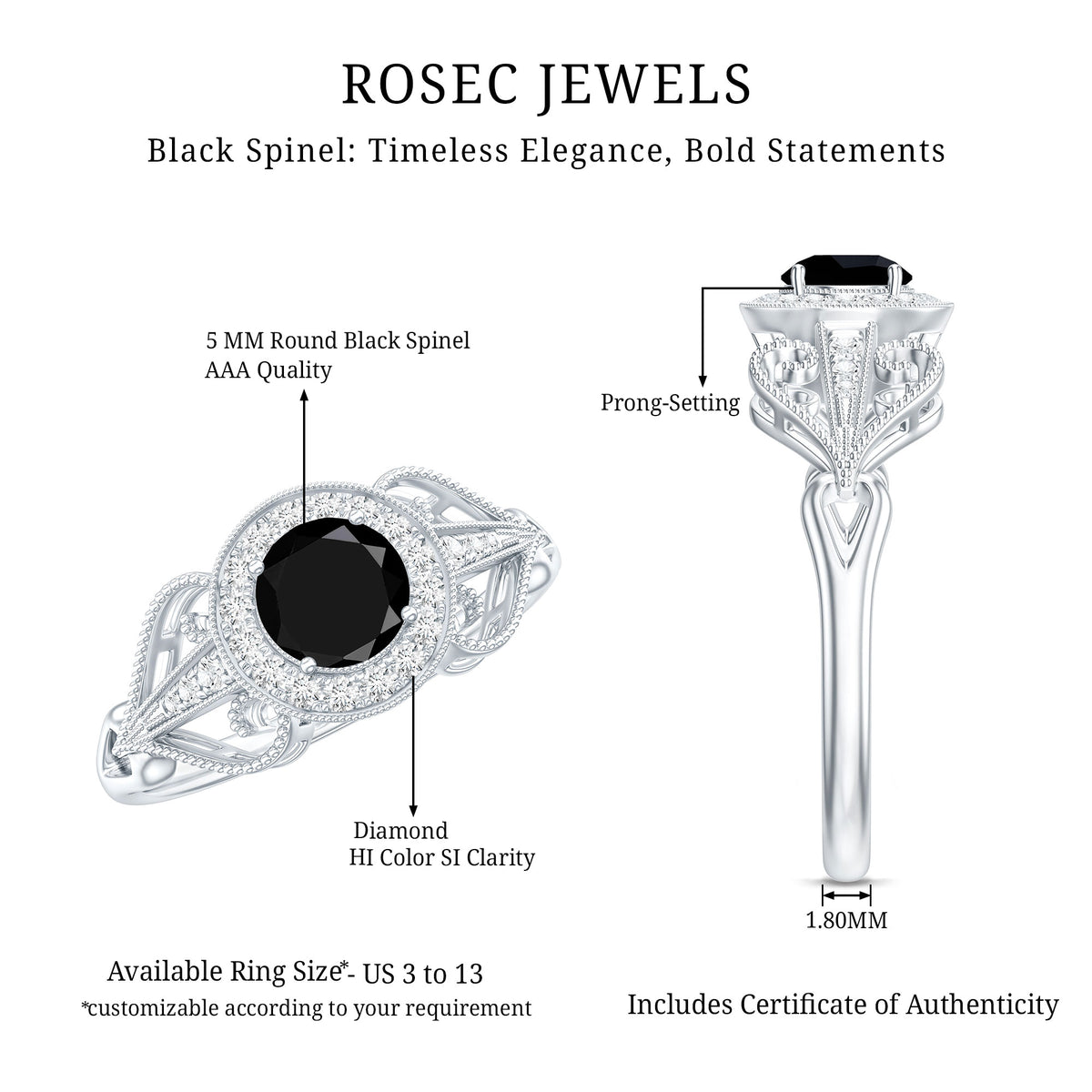 Vintage Inspired Black Spinel and Diamond Engagement Ring AAA - Rosec Jewels