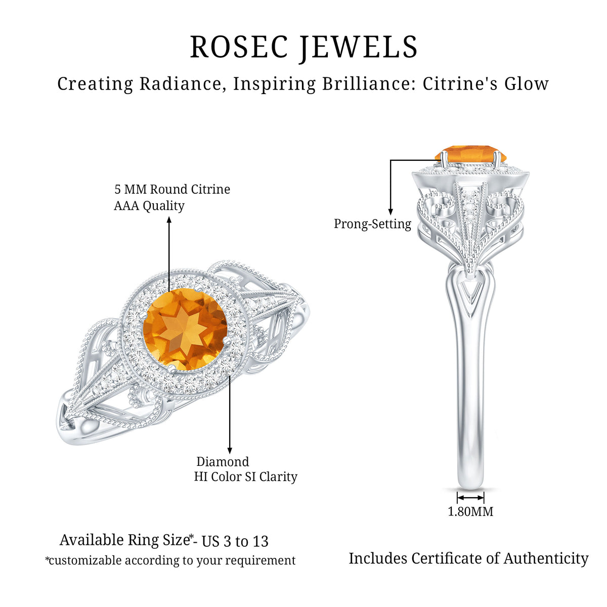 Vintage Style Citrine Engagement Ring with Diamond Halo AAA - Rosec Jewels