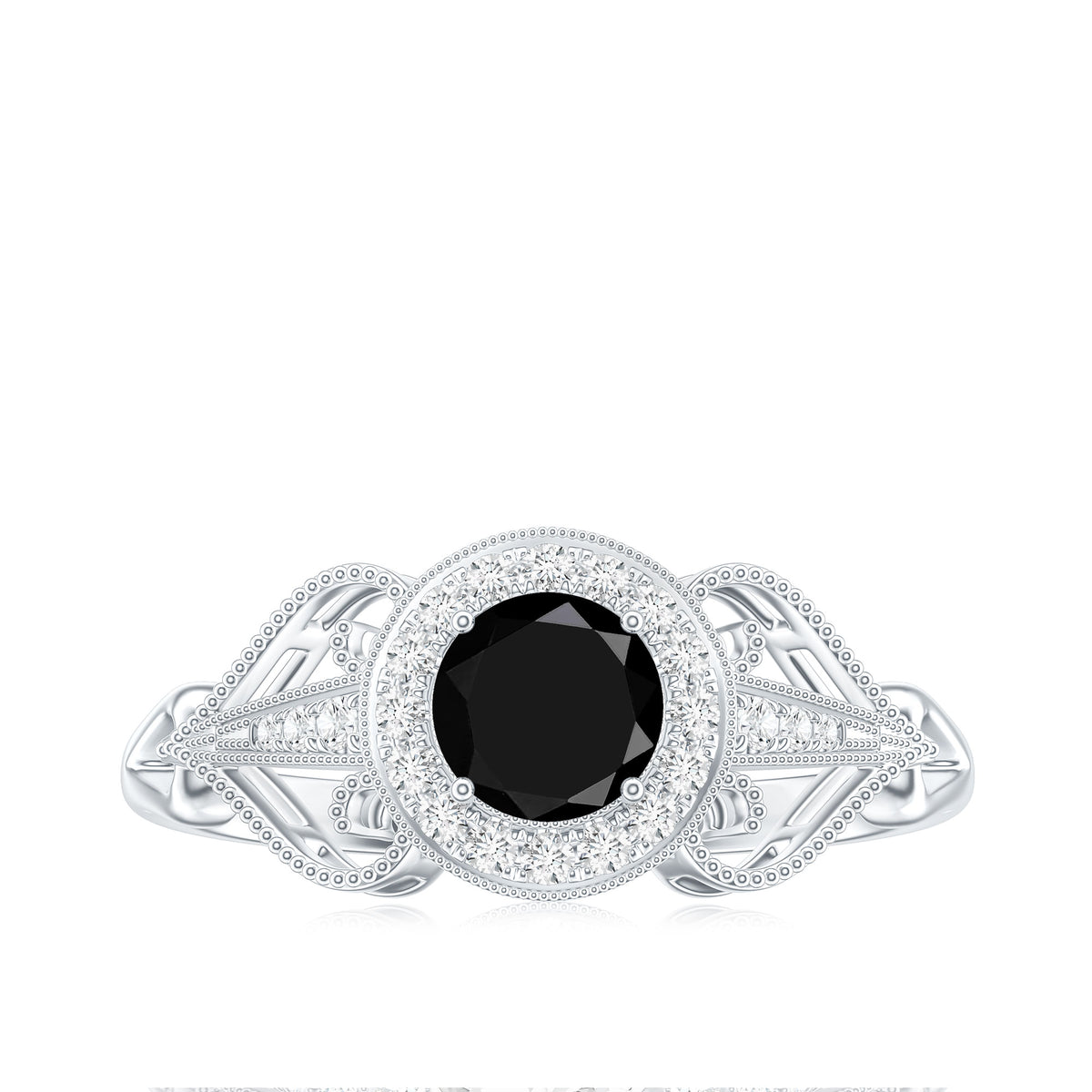0.4 Carat Round Black Onyx Vintage Engagement Ring with Diamond Halo AAA - Rosec Jewels