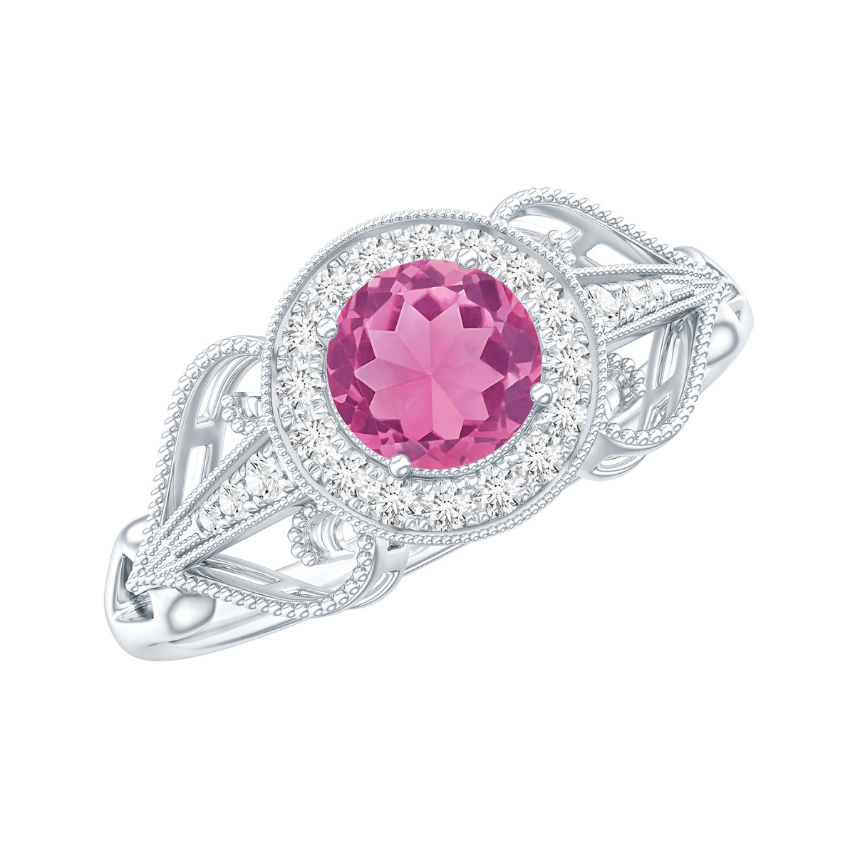 Vintage Pink Tourmaline Diamond Engagement Ring with Halo AAA - Rosec Jewels