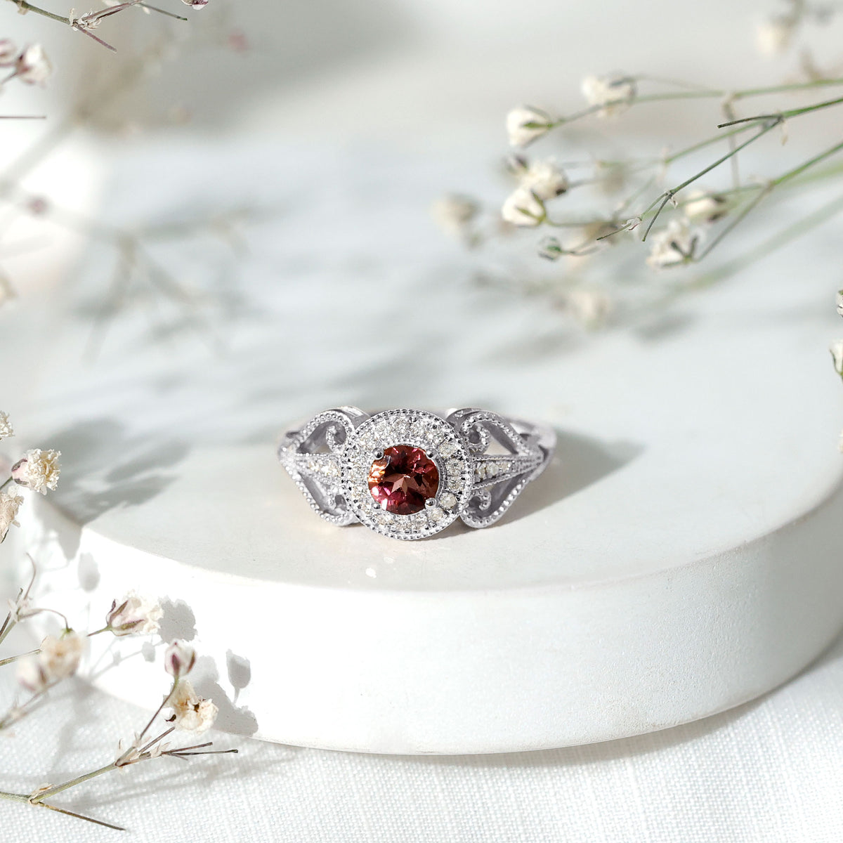 Vintage Pink Tourmaline Diamond Engagement Ring with Halo AAA - Rosec Jewels