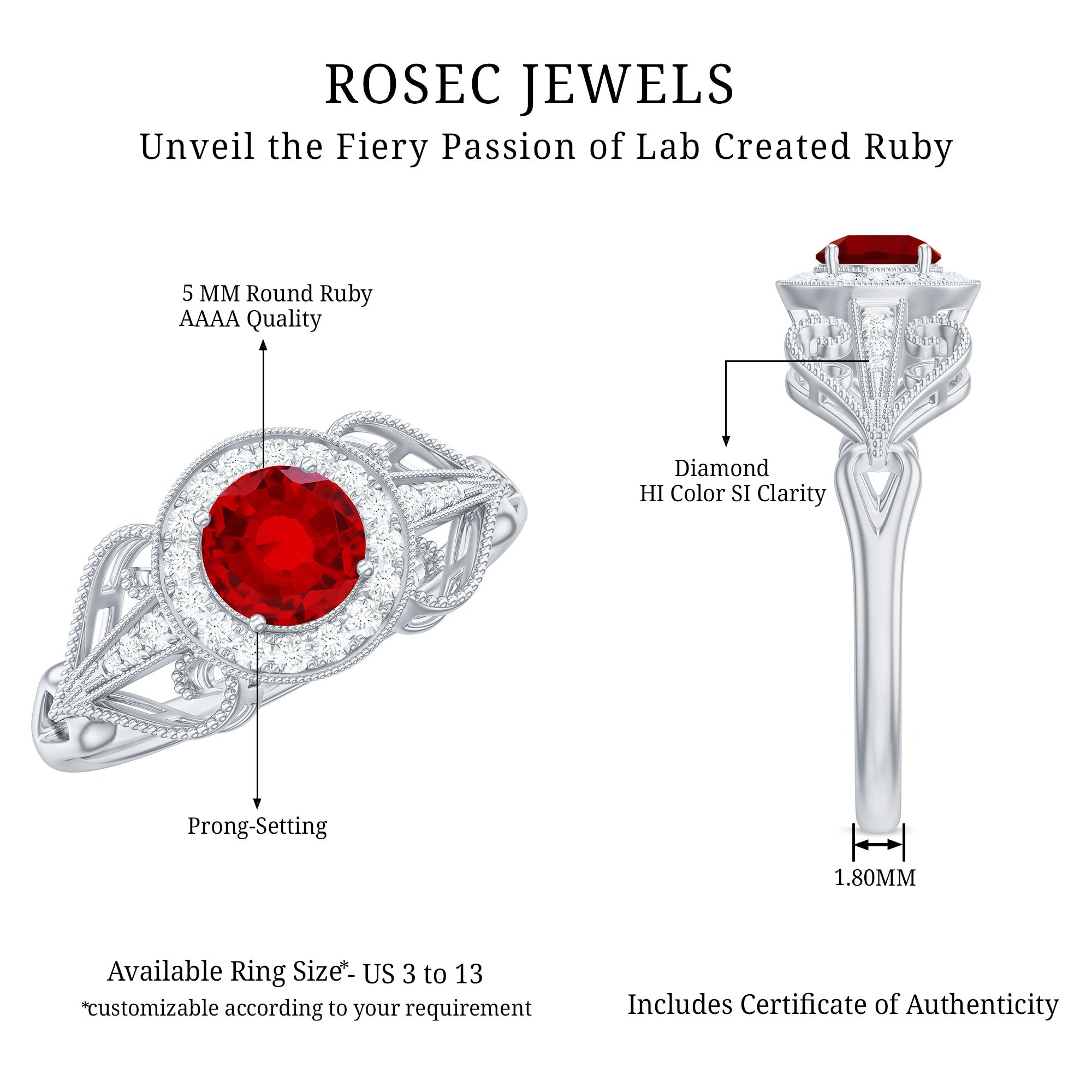 Rosec Jewels-Lab Created Ruby and Diamond Vintage Engagement Ring