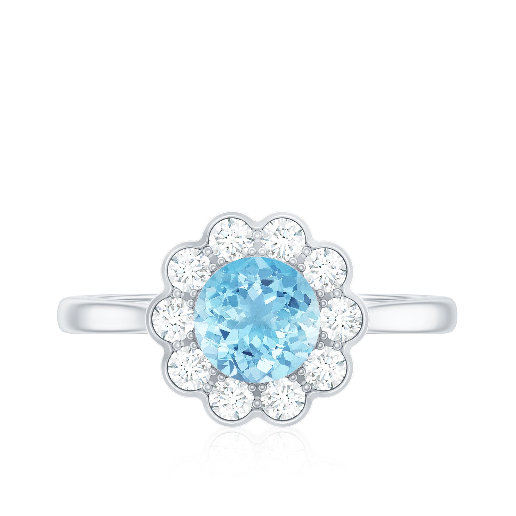 Certified 0.8 Carat Real Aquamarine Engagement Ring with Diamond Flower Halo AAA - Rosec Jewels