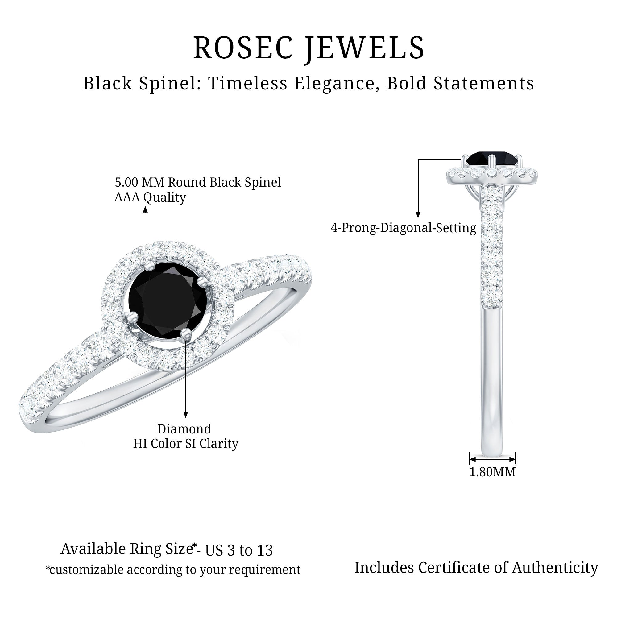 Rosec Jewels-Minimal Black Spinel Minimal Engagement Ring with Diamond Halo