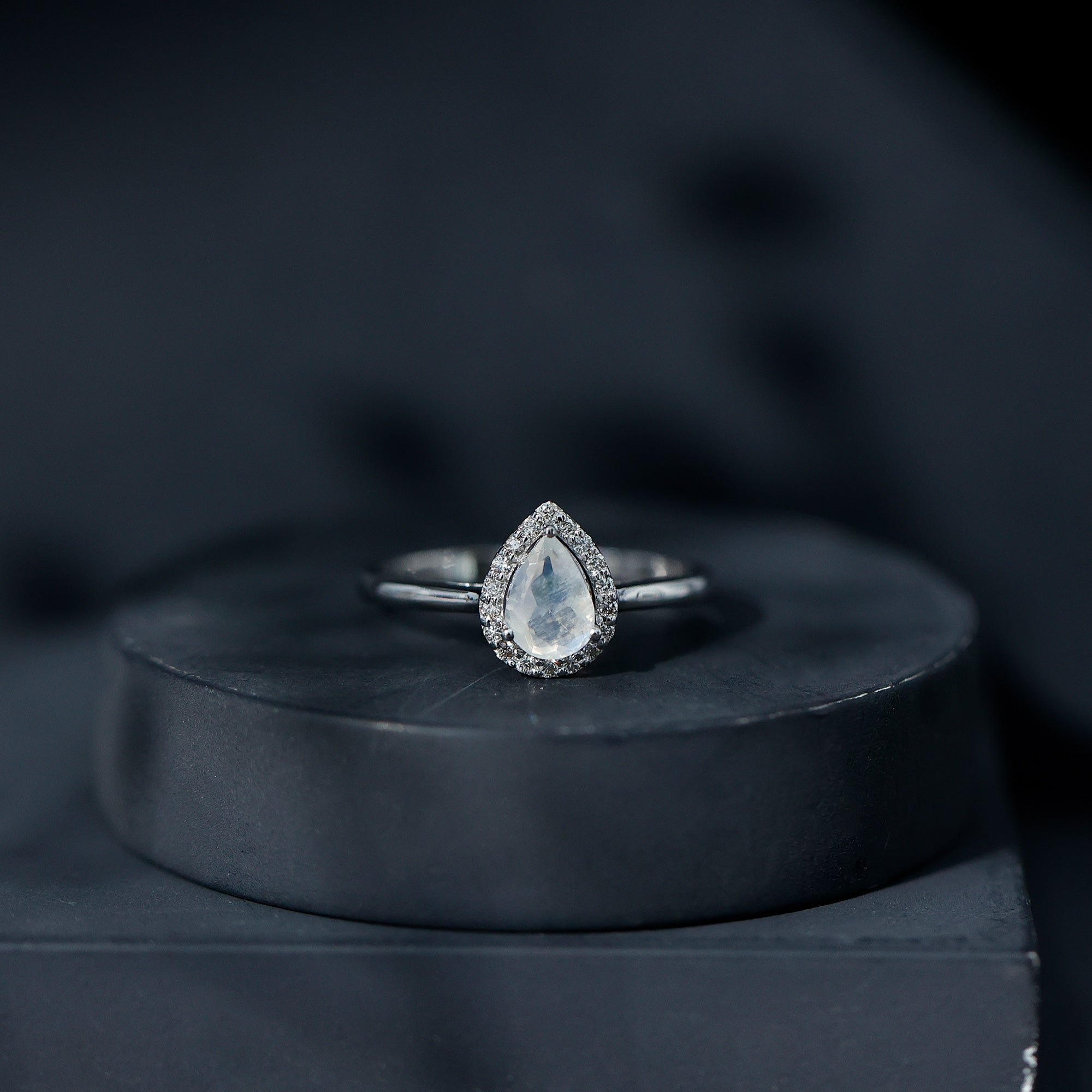 Rosec Jewels-Pear Shaped Moonstone Halo Engagement Ring with Diamond