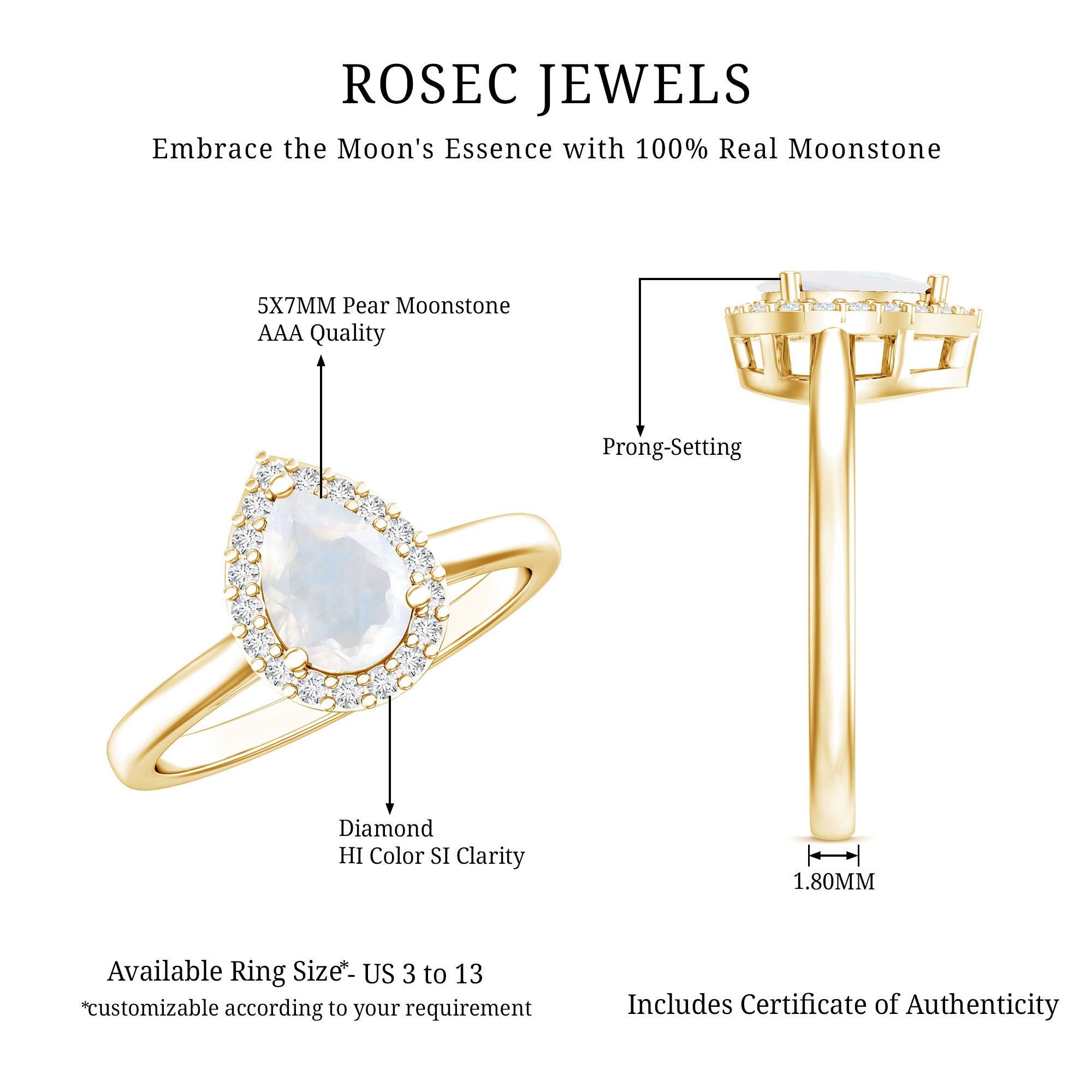 Rosec Jewels-Pear Shaped Moonstone Halo Engagement Ring with Diamond