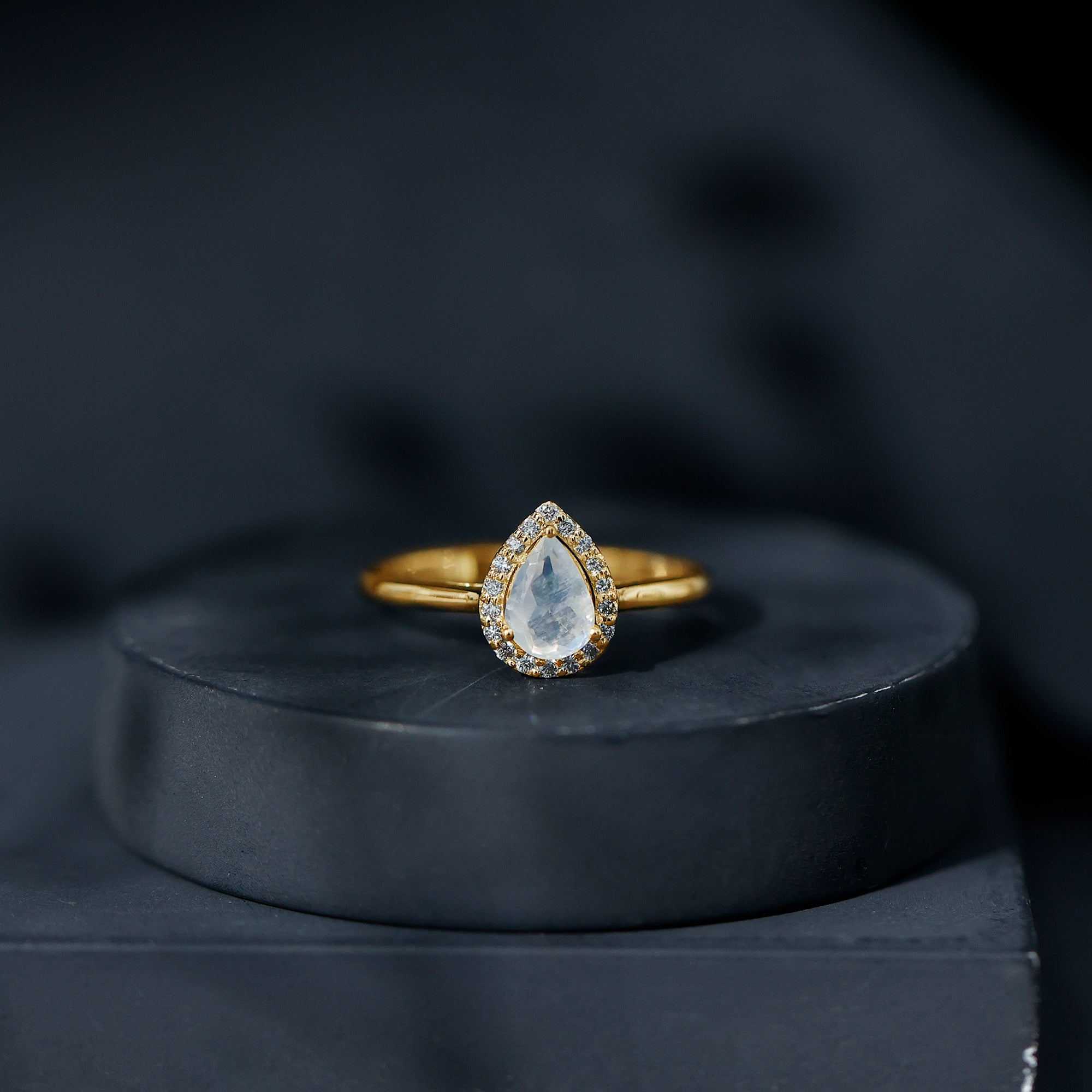 Rosec Jewels-Pear Shaped Moonstone Halo Engagement Ring with Diamond