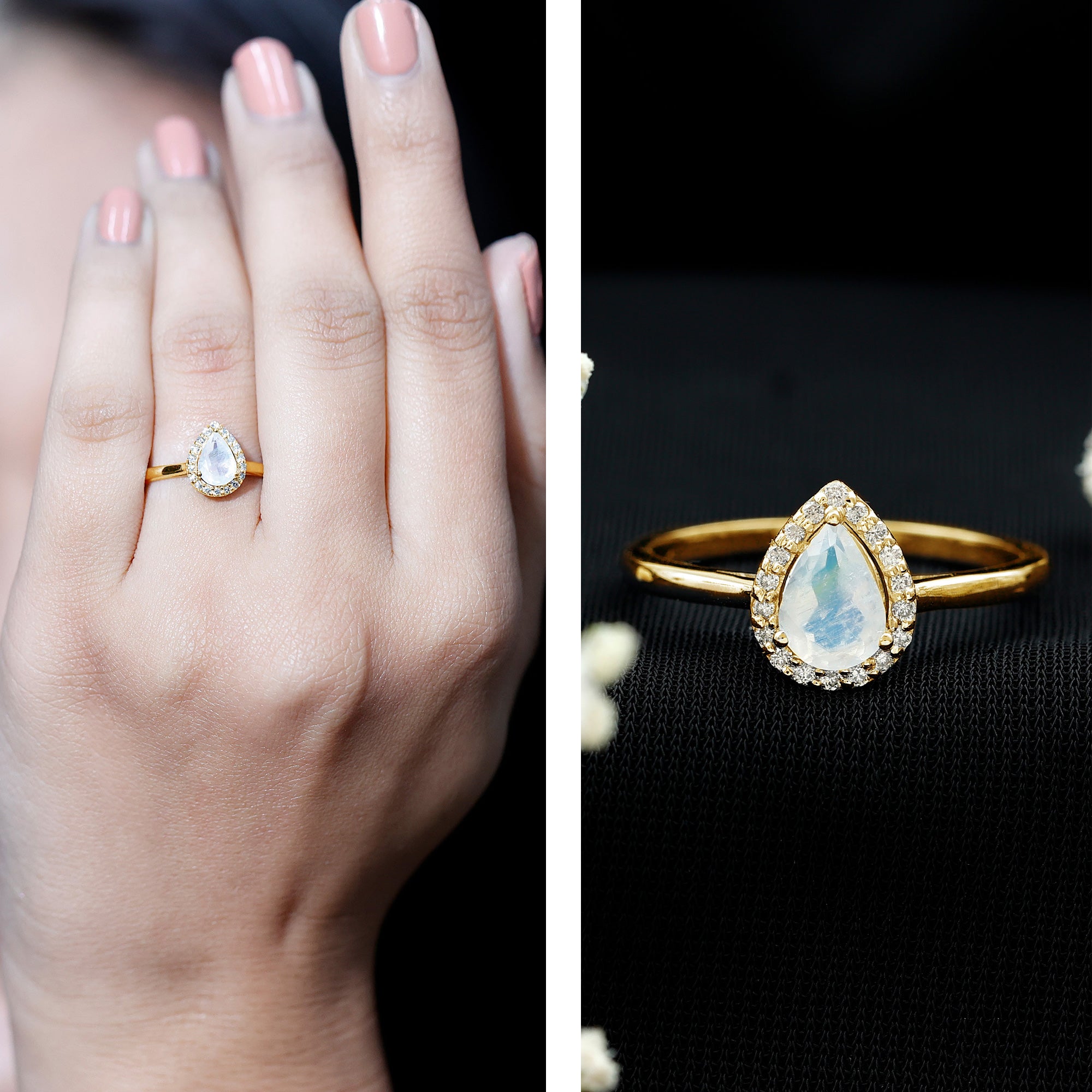 Rosec Jewels-Pear Shaped Moonstone Halo Engagement Ring with Diamond