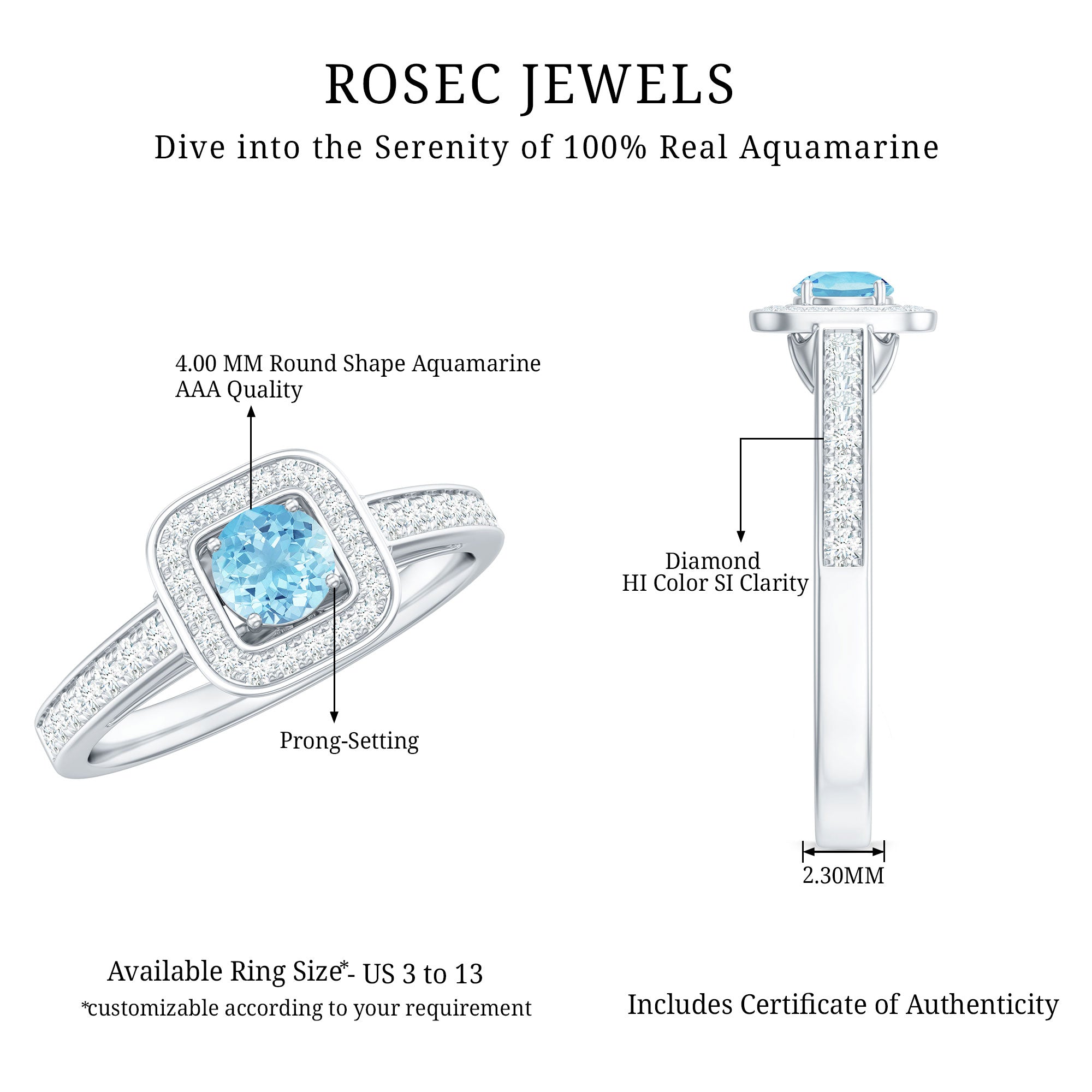 Vintage Looking Aquamarine and Diamond Halo Engagement Ring for Women AAA - Rosec Jewels