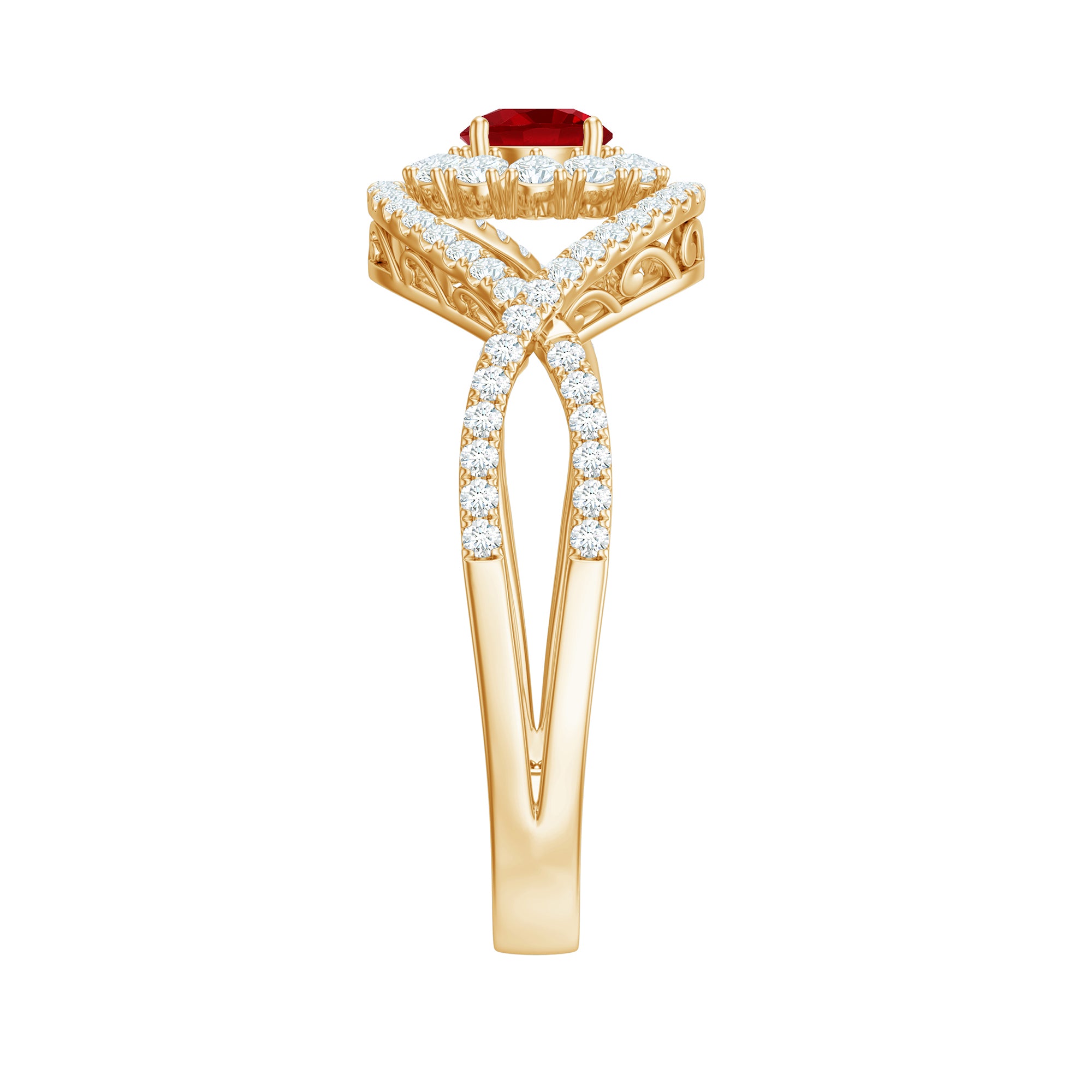Certified Lab Ruby and Diamond Crossover Engagement Ring with Halo AAAA - Rosec Jewels