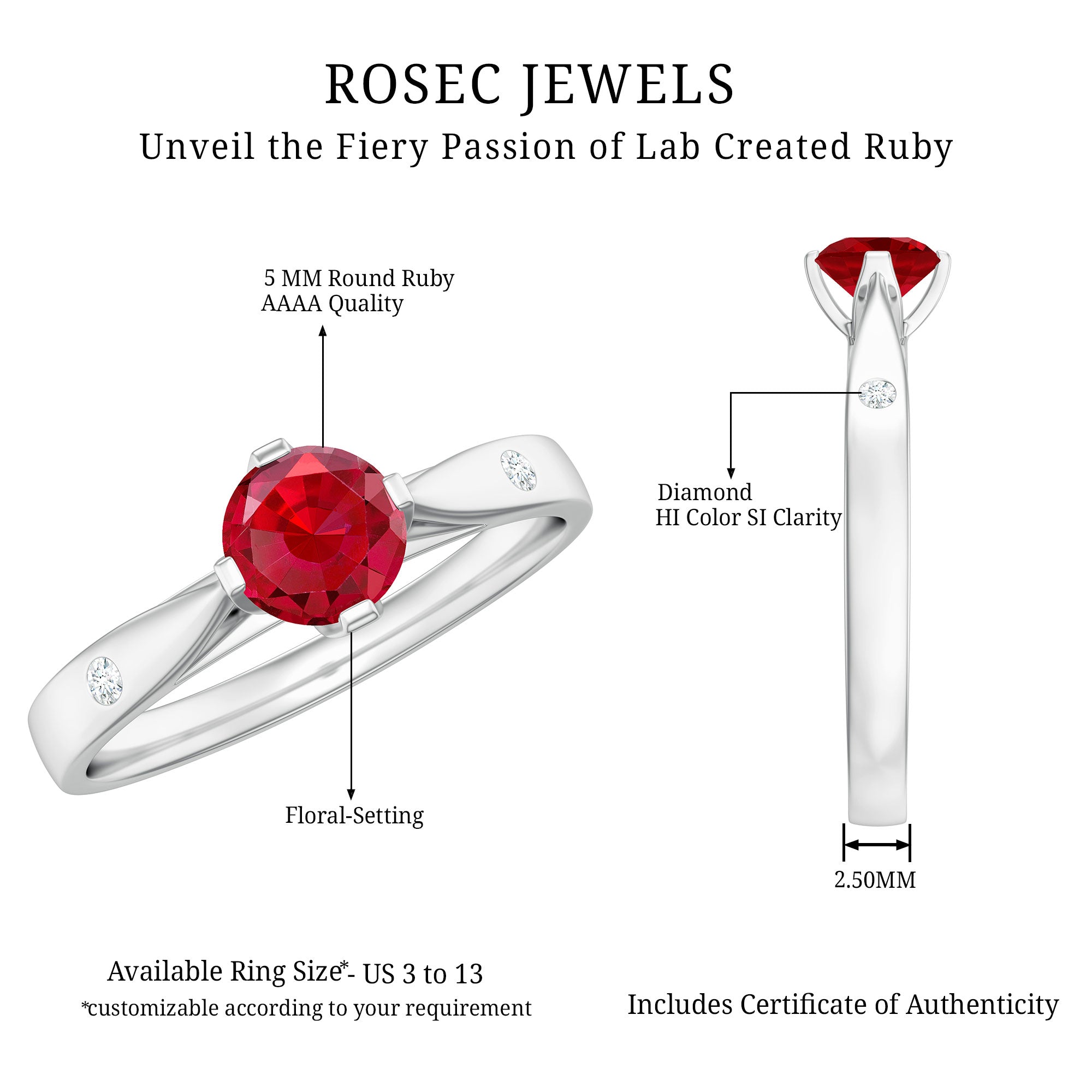Round Lab Grown Ruby Solitaire Ring with Diamond AAAA - Rosec Jewels