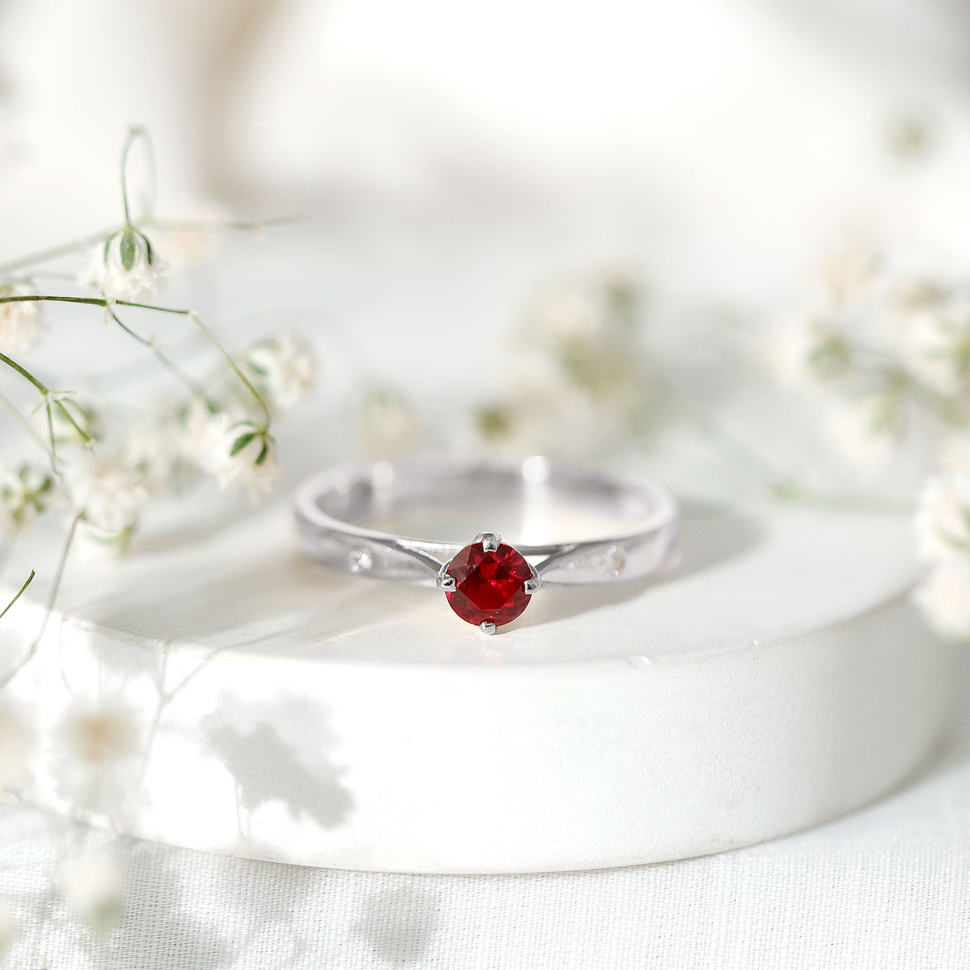 Round Lab Grown Ruby Solitaire Ring with Diamond AAAA - Rosec Jewels
