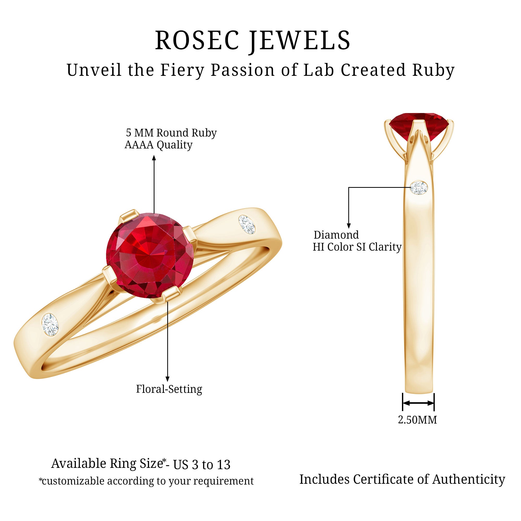 Round Lab Grown Ruby Solitaire Ring with Diamond AAAA - Rosec Jewels
