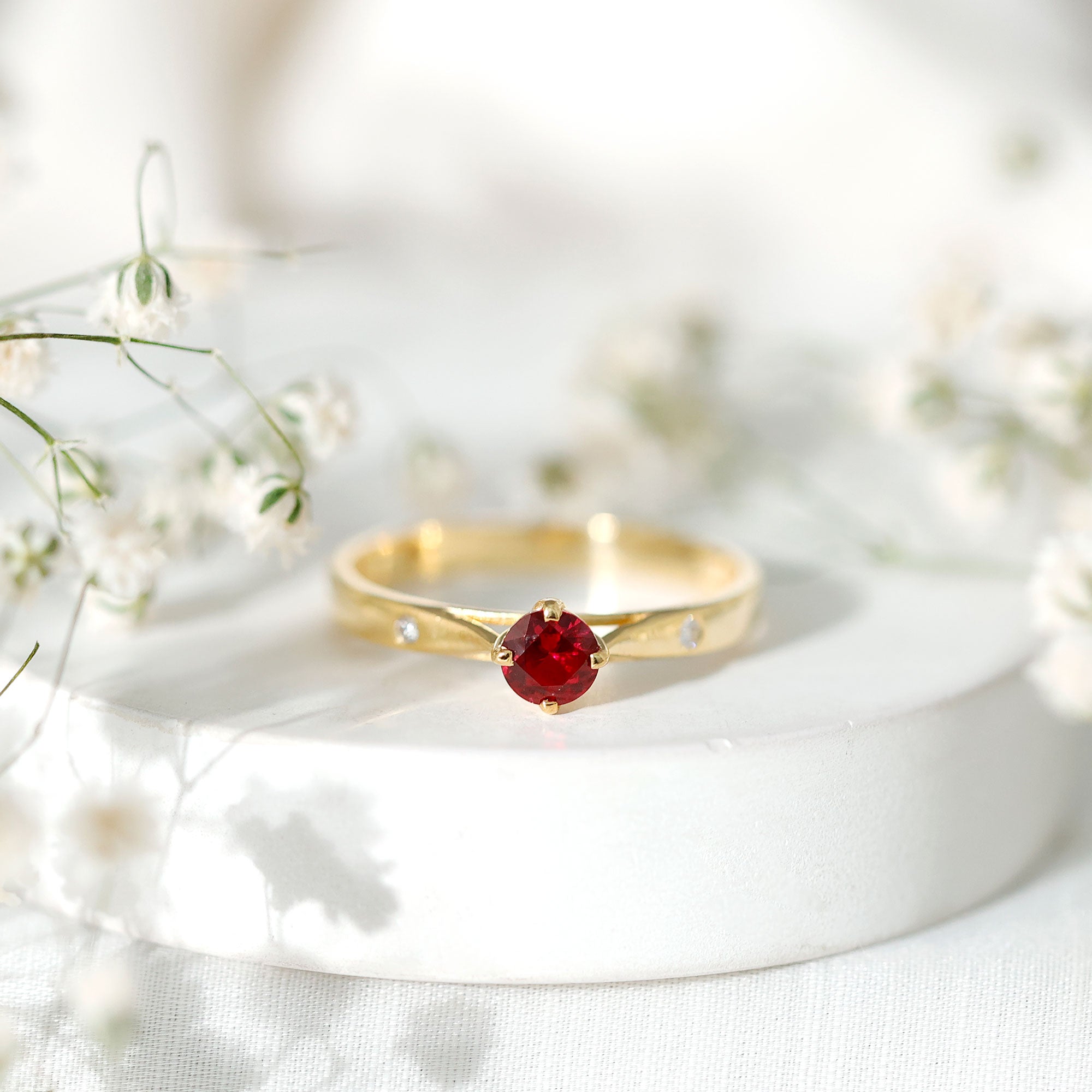 Round Lab Grown Ruby Solitaire Ring with Diamond AAAA - Rosec Jewels