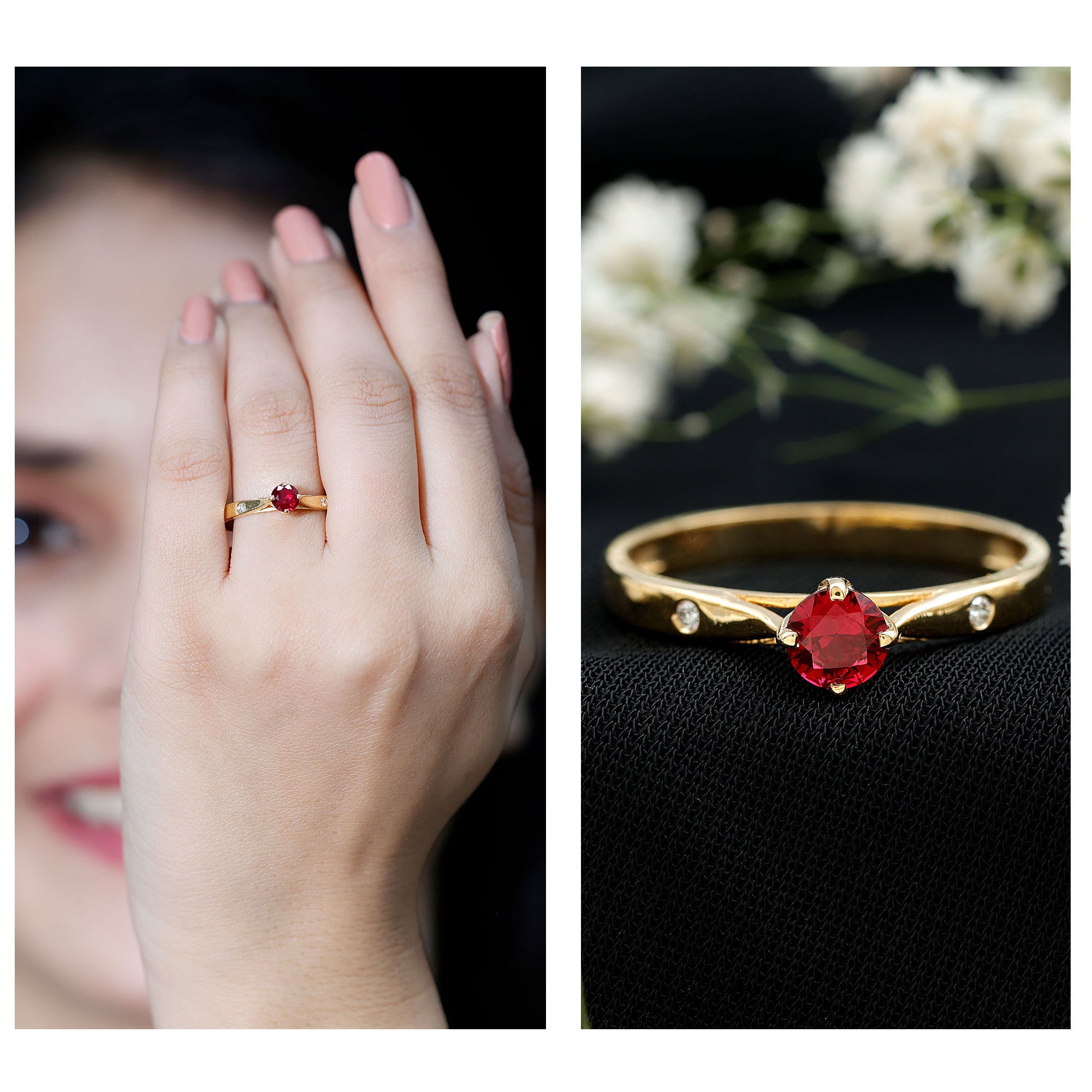 Round Lab Grown Ruby Solitaire Ring with Diamond AAAA - Rosec Jewels