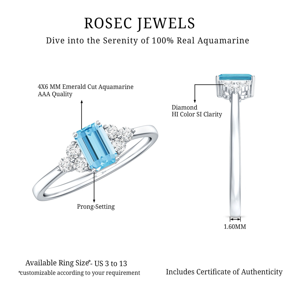 Aquamarine Emerald Cut Engagement Ring with Diamond Trio AAA - Rosec Jewels