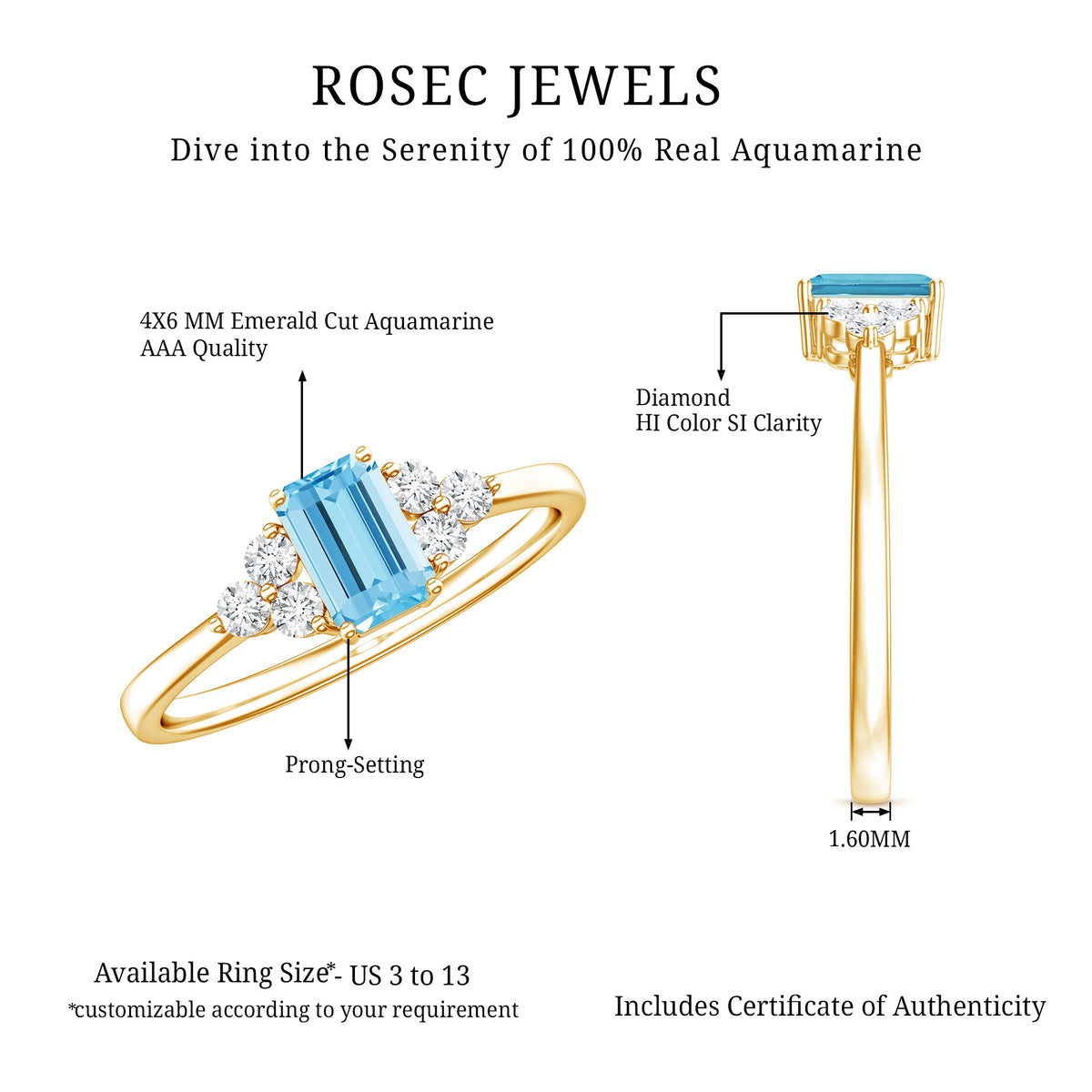 Aquamarine Emerald Cut Engagement Ring with Diamond Trio AAA - Rosec Jewels