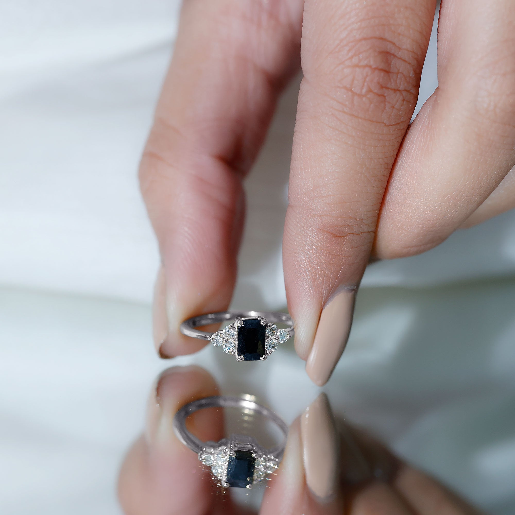 Emerald Cut Created Black Diamond Solitaire Ring with Diamond Trio AAAA ( Synthetic ) - Rosec Jewels