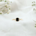 Emerald Cut Created Black Diamond Solitaire Ring with Diamond Trio AAAA ( Synthetic ) - Rosec Jewels